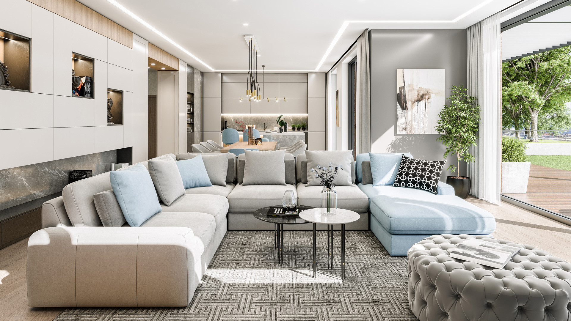 residential CGI 3D visualisation of a living room set, sofa, coffee tables, fireplace and kitchen in the back