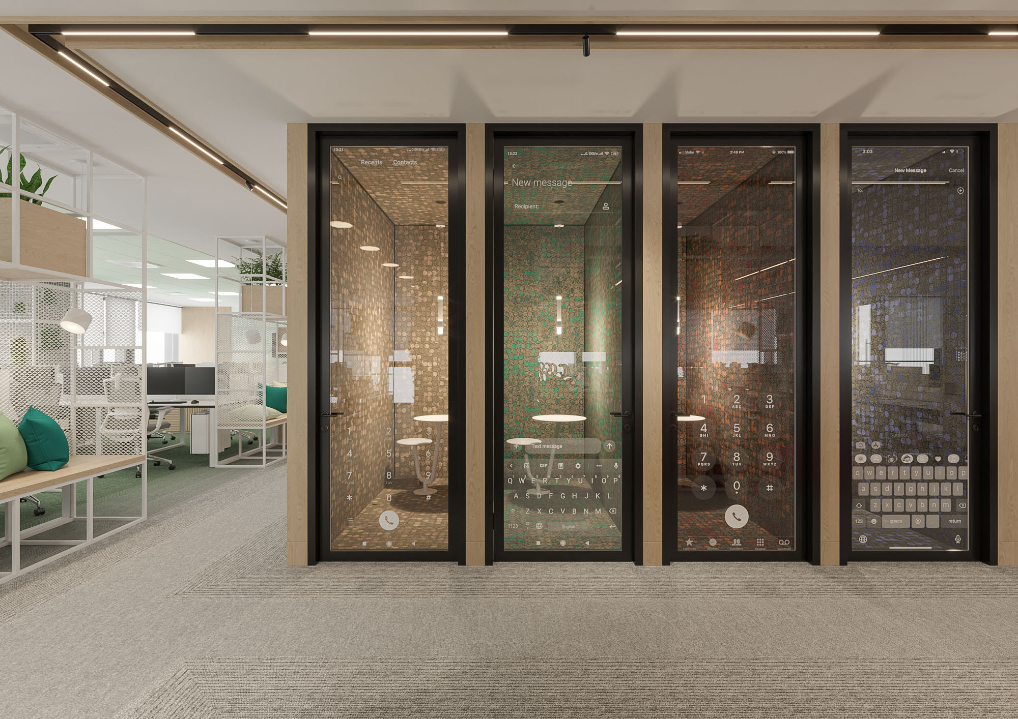 Office interior CGI visualization of Yotpo workplace by Visioaxis, 3D rendering for workplace design, office décor, workstations, meeting rooms, and 360° virtual tour.