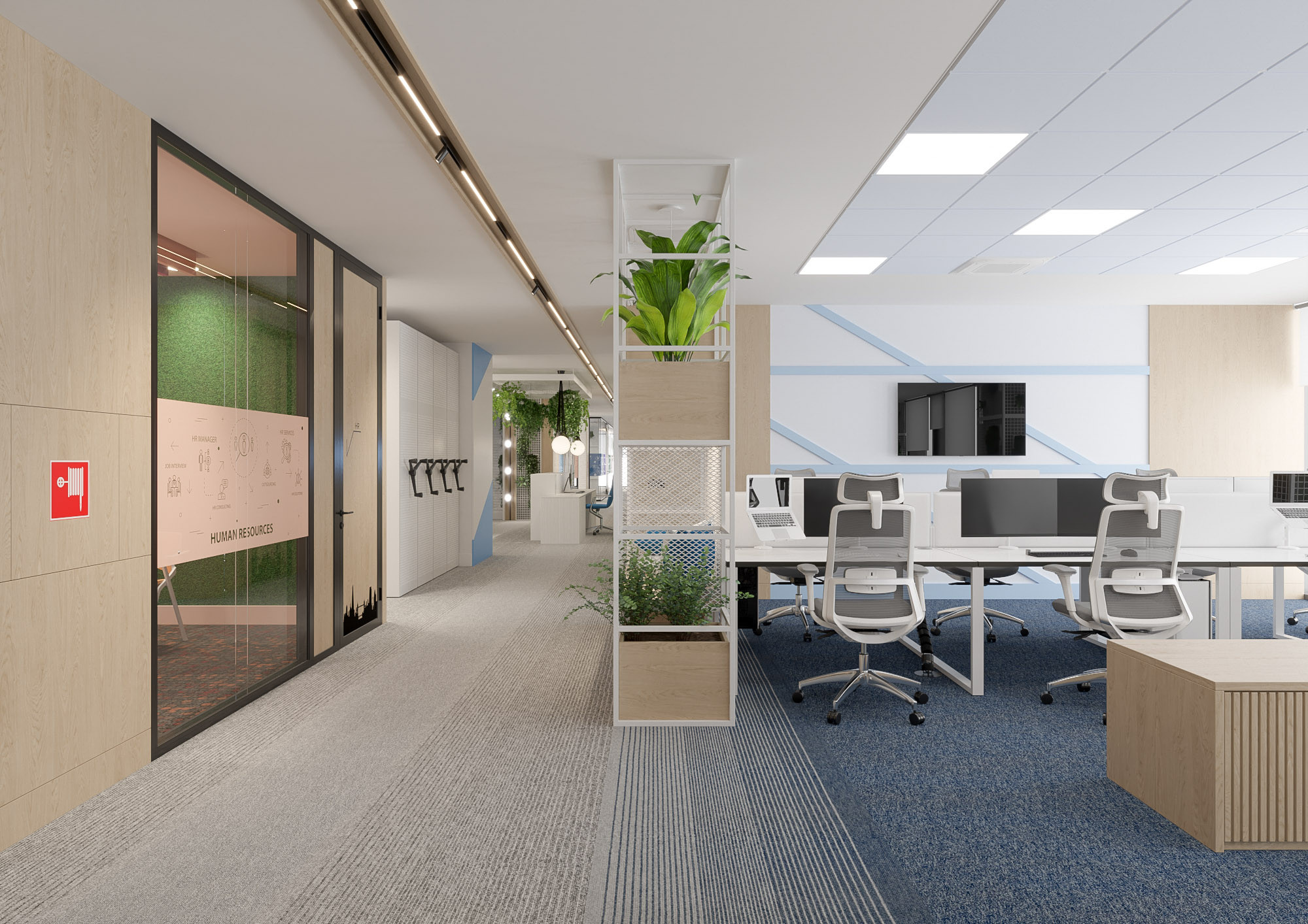 Office interior CGI visualization of Yotpo workplace by Visioaxis, 3D rendering for workplace design, office décor, workstations, meeting rooms, and 360° virtual tour.