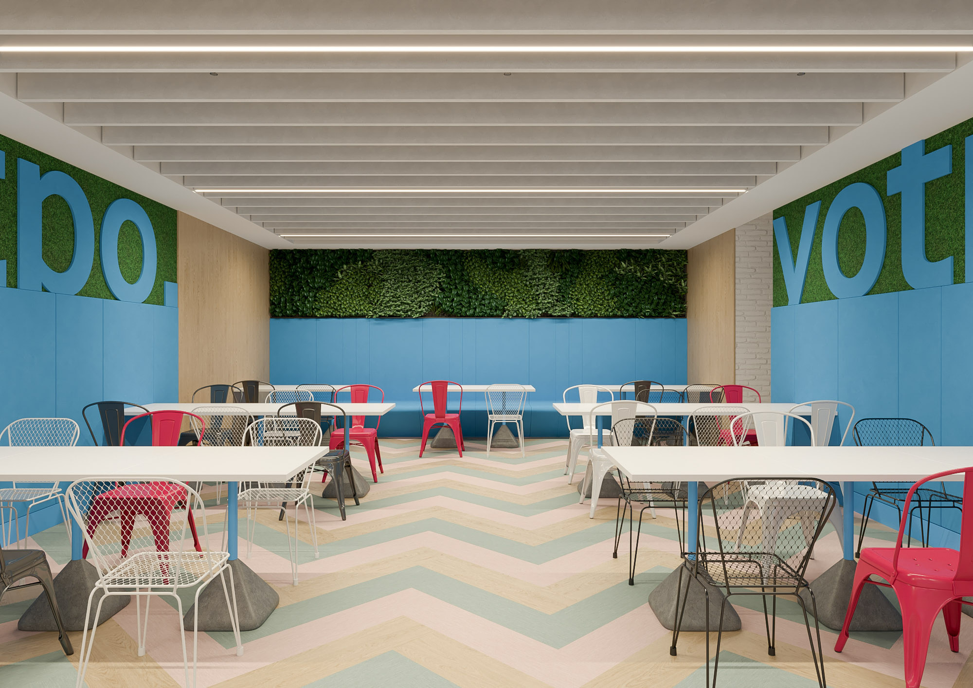 Office interior CGI visualization of Yotpo workplace by Visioaxis, 3D rendering for workplace design, office décor, workstations, meeting rooms, and 360° virtual tour.