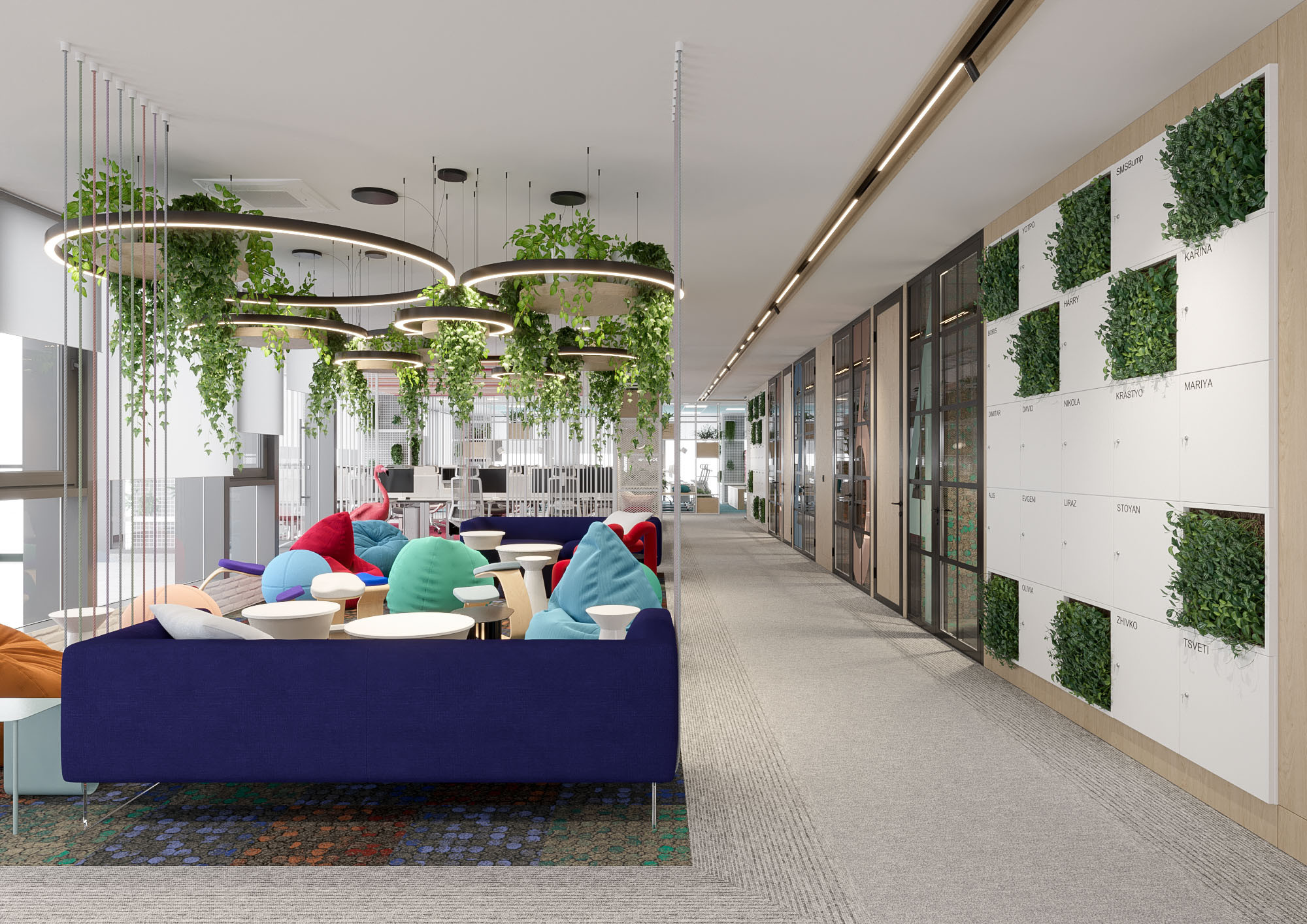 Office interior CGI visualization of Yotpo workplace by Visioaxis, 3D rendering for workplace design, office décor, workstations, meeting rooms, and 360° virtual tour.