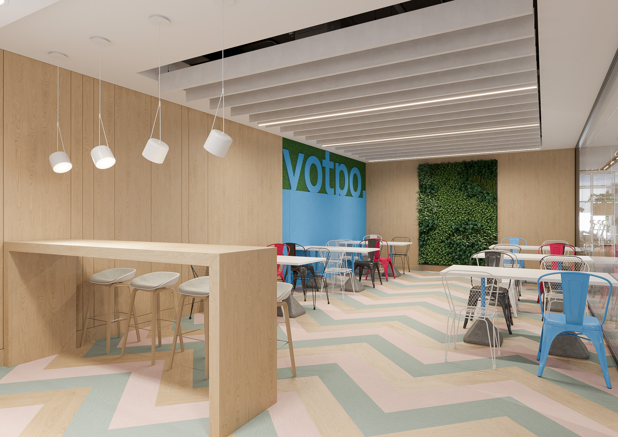 Office interior CGI visualization of Yotpo workplace by Visioaxis, 3D rendering for workplace design, office décor, workstations, meeting rooms, and 360° virtual tour.