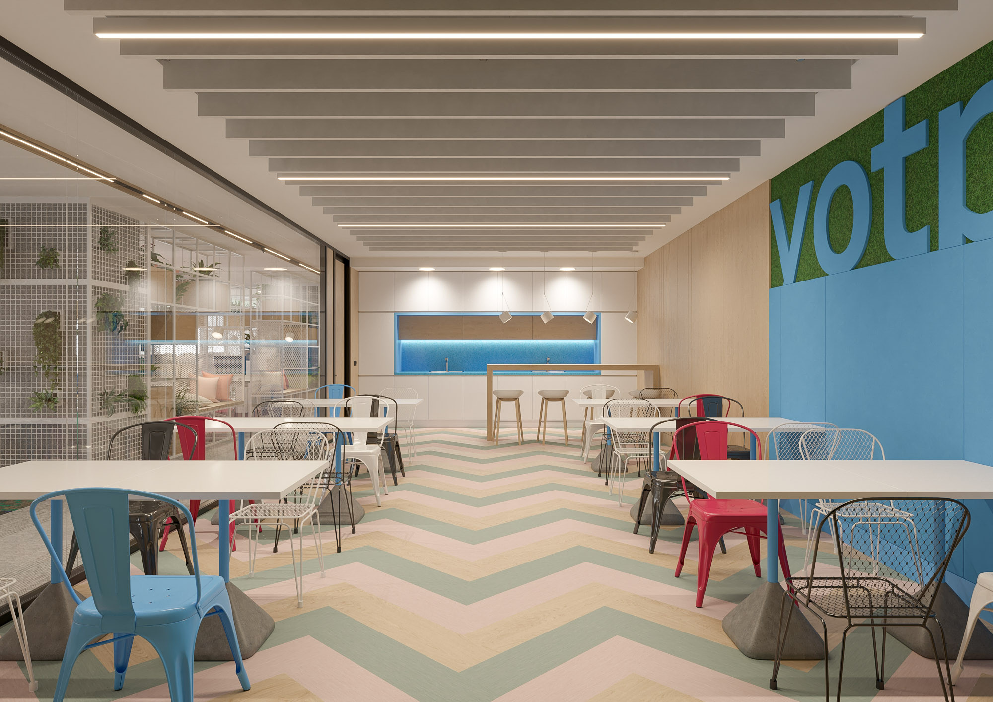 Office interior CGI visualization of Yotpo workplace by Visioaxis, 3D rendering for workplace design, office décor, workstations, meeting rooms, and 360° virtual tour.