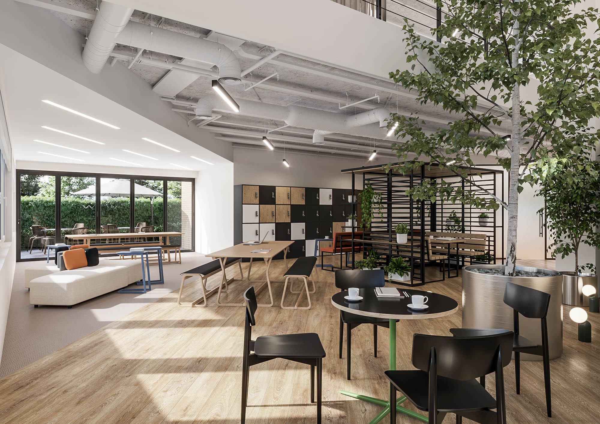 Open-plan workspace bathed in natural light, showcasing custom details and modern finishes in realistic 3D visuals.