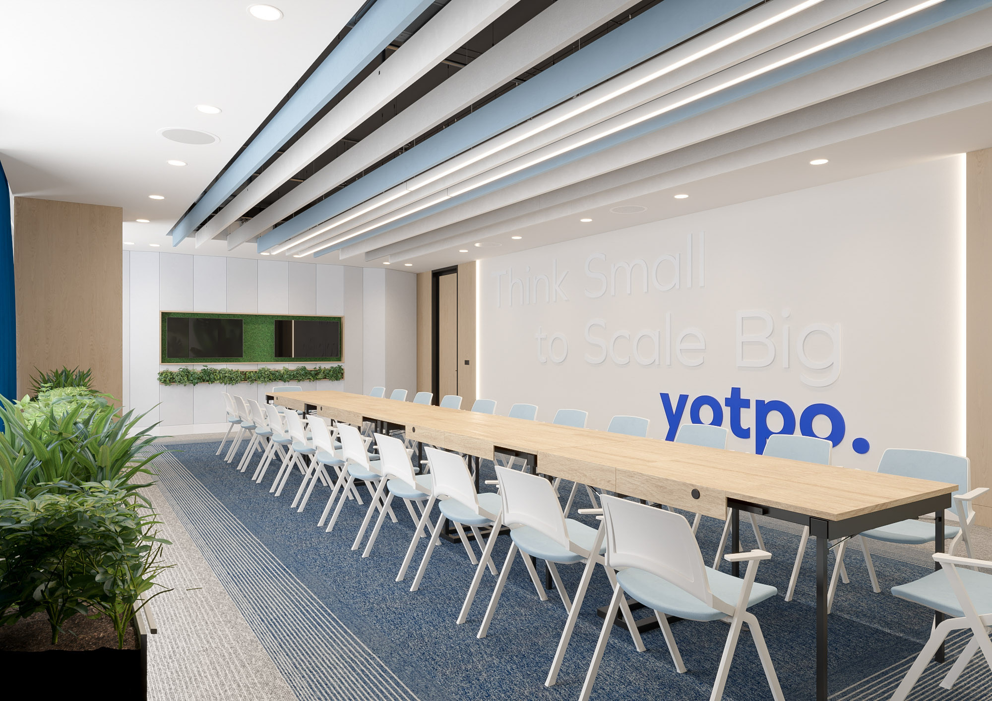 Office interior CGI visualization of Yotpo workplace by Visioaxis, 3D rendering for workplace design, office décor, workstations, meeting rooms, and 360° virtual tour.