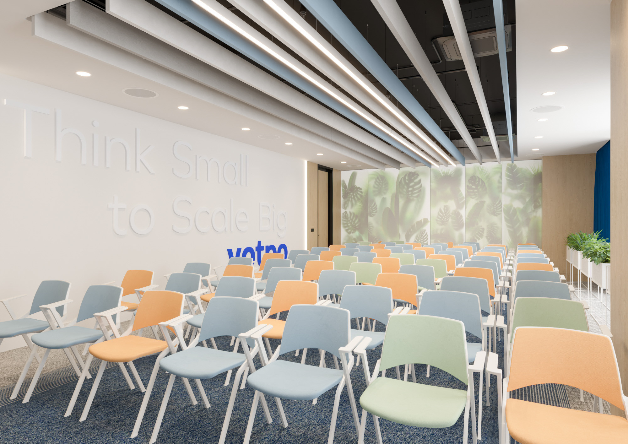 Office interior CGI visualization of Yotpo workplace by Visioaxis, 3D rendering for workplace design, office décor, workstations, meeting rooms, and 360° virtual tour.