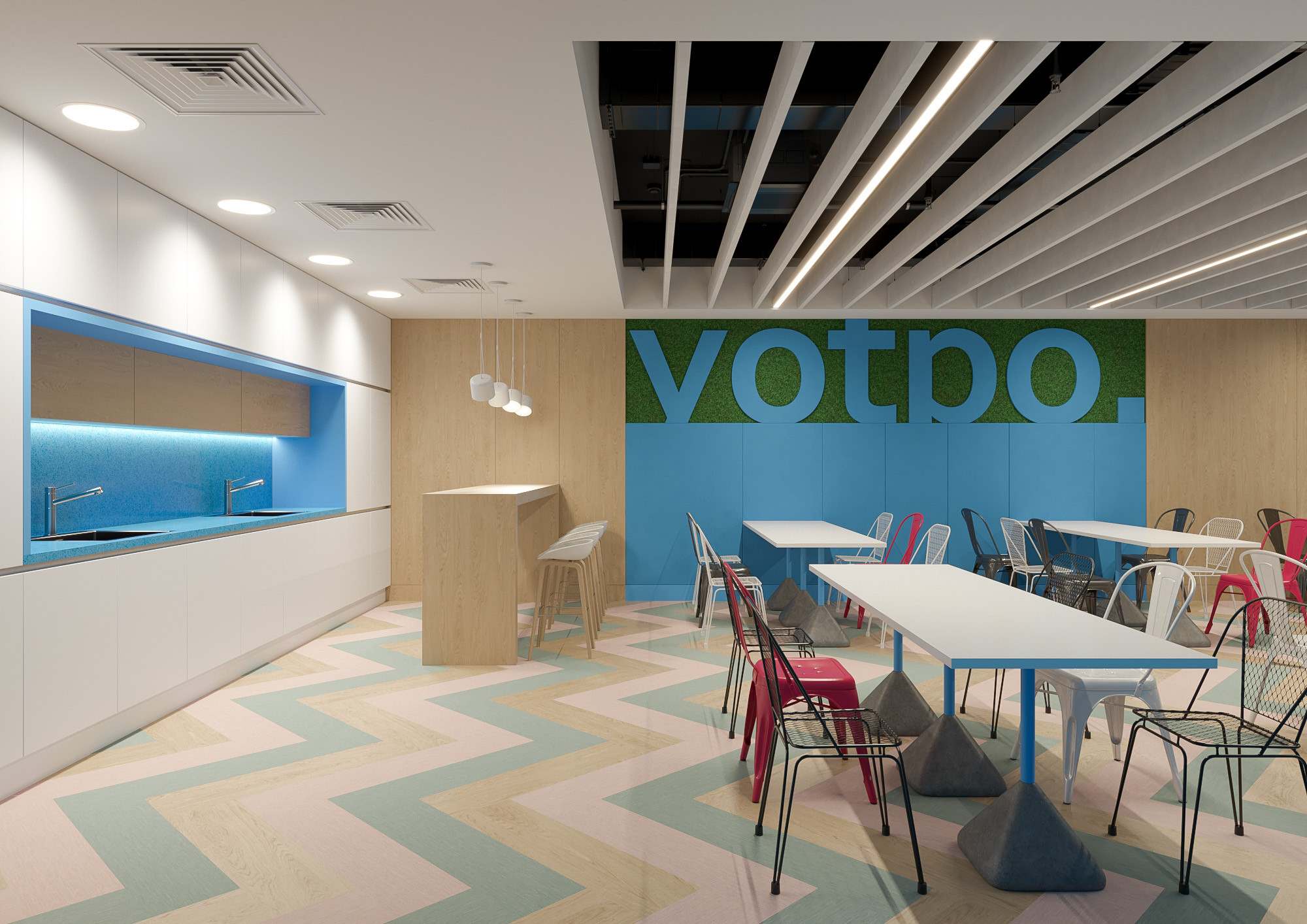 Office interior CGI visualization of Yotpo workplace by Visioaxis, 3D rendering for workplace design, office décor, workstations, meeting rooms, and 360° virtual tour.