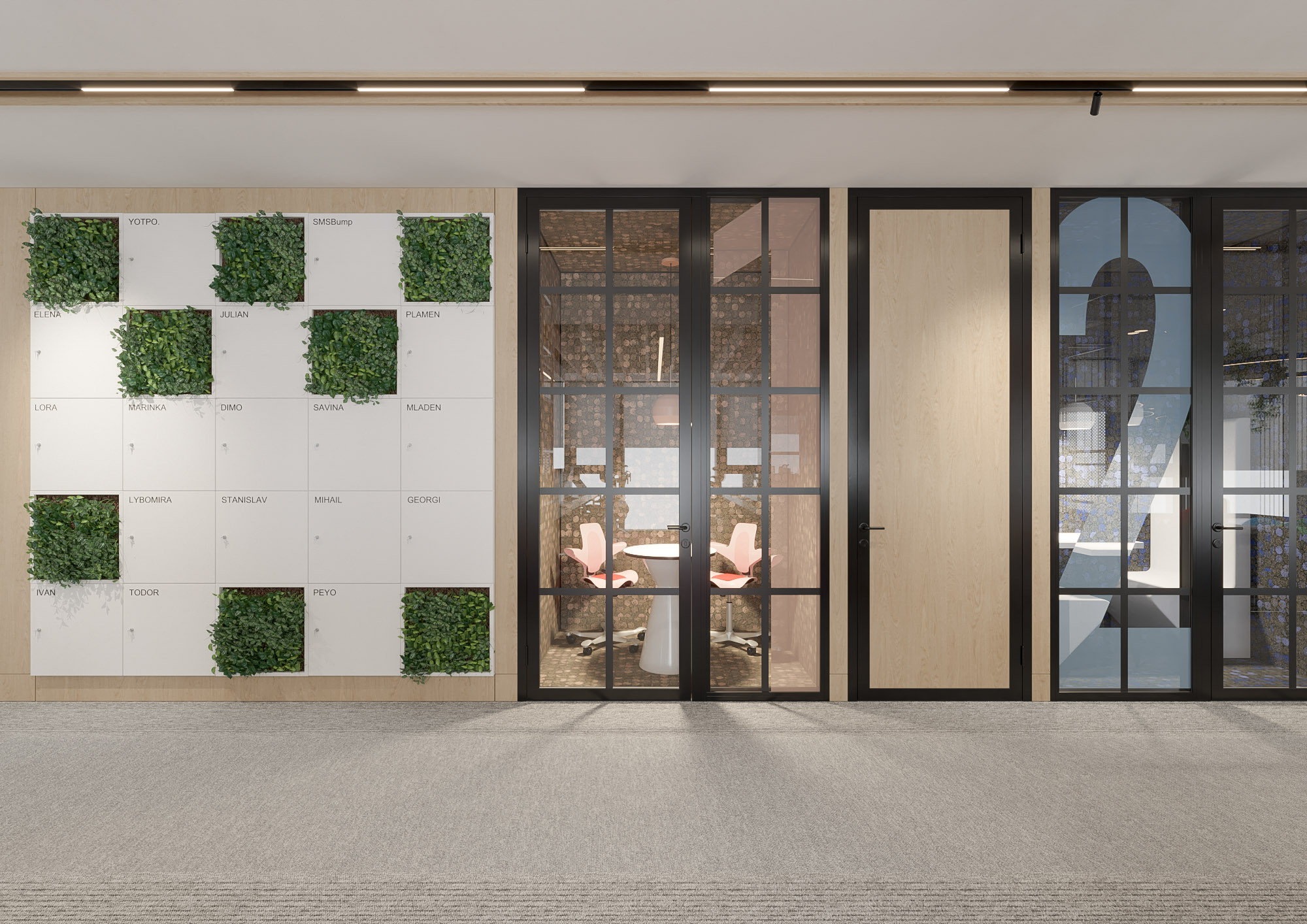 Office interior CGI visualization of Yotpo workplace by Visioaxis, 3D rendering for workplace design, office décor, workstations, meeting rooms, and 360° virtual tour.