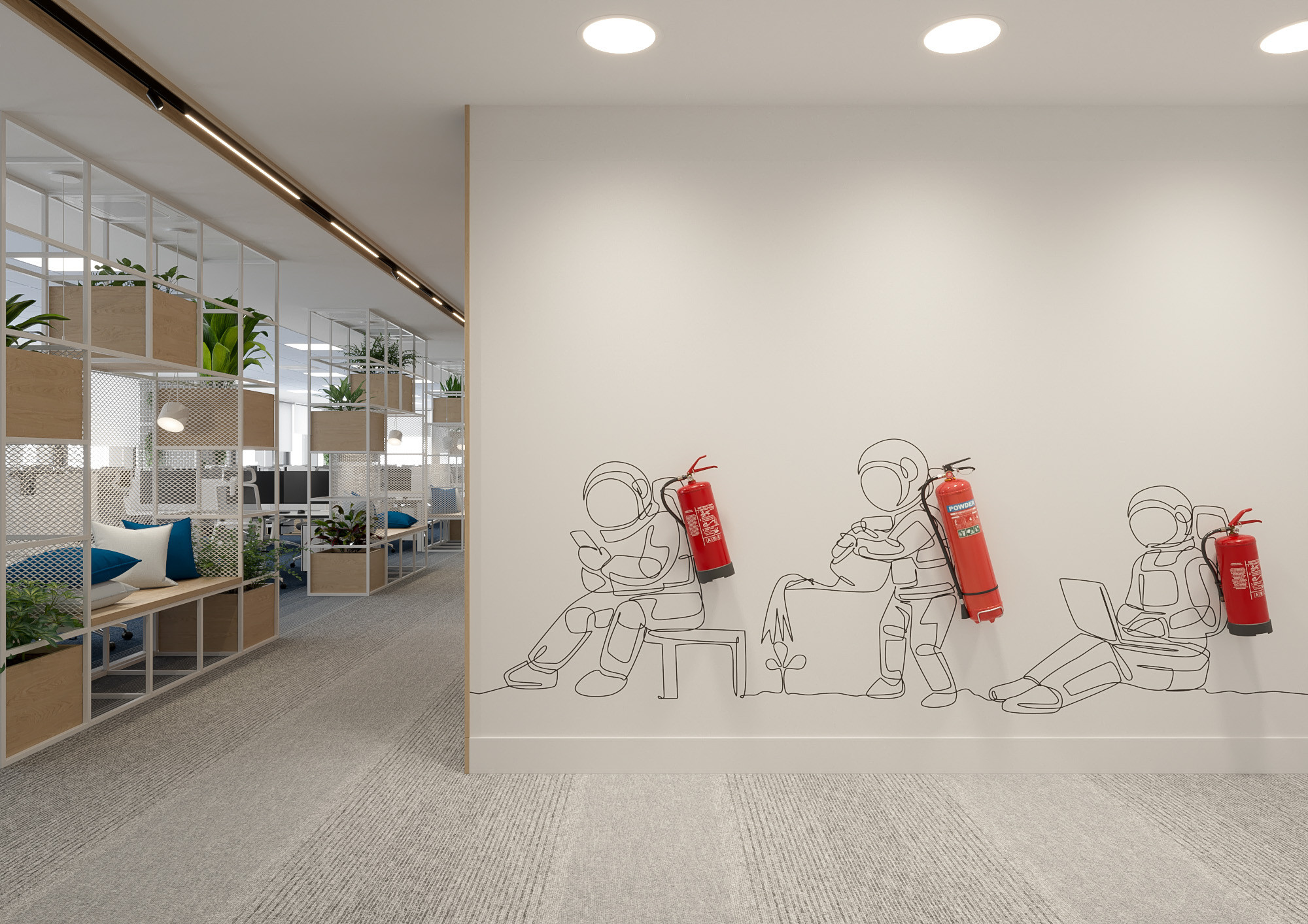 Office interior CGI visualization of Yotpo workplace by Visioaxis, 3D rendering for workplace design, office décor, workstations, meeting rooms, and 360° virtual tour.