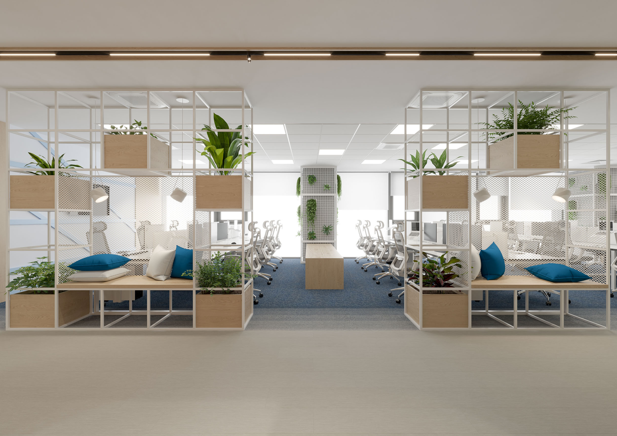 Office interior CGI visualization of Yotpo workplace by Visioaxis, 3D rendering for workplace design, office décor, workstations, meeting rooms, and 360° virtual tour.