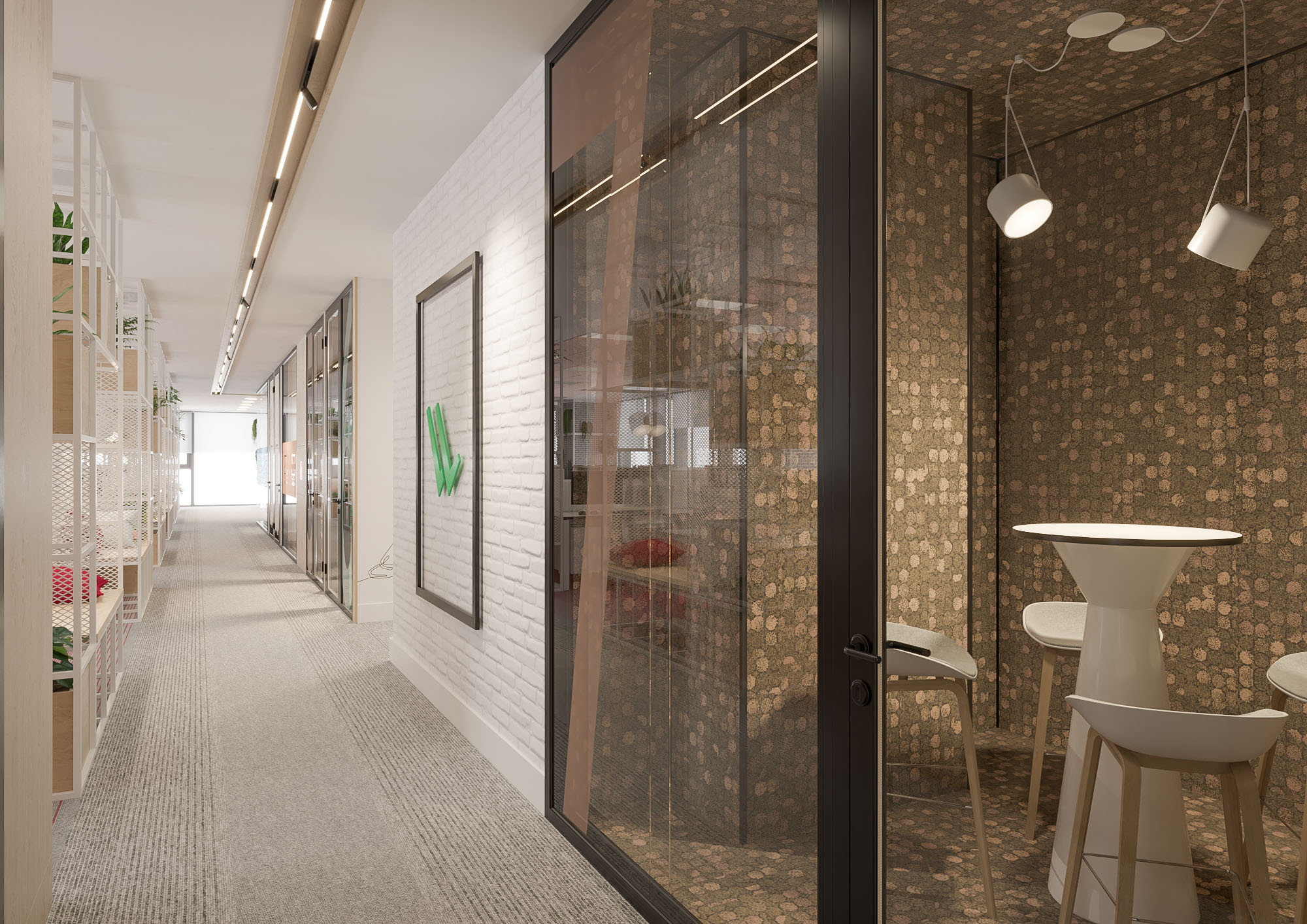 Office interior CGI visualization of Yotpo workplace by Visioaxis, 3D rendering for workplace design, office décor, workstations, meeting rooms, and 360° virtual tour.