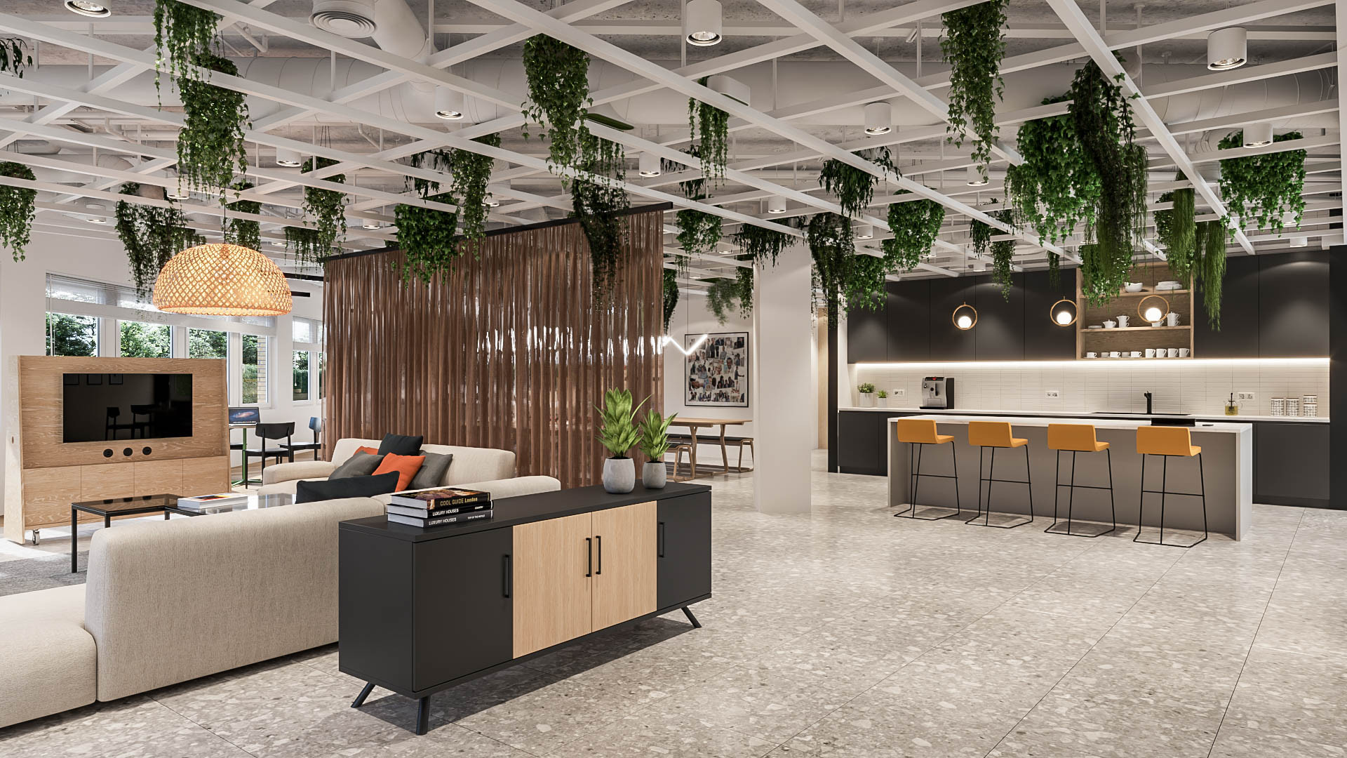 Stylish breakout area featuring suspended greenery, warm wooden accents, and modern lighting, visualized in photorealistic 3D to showcase the inviting and functional design.