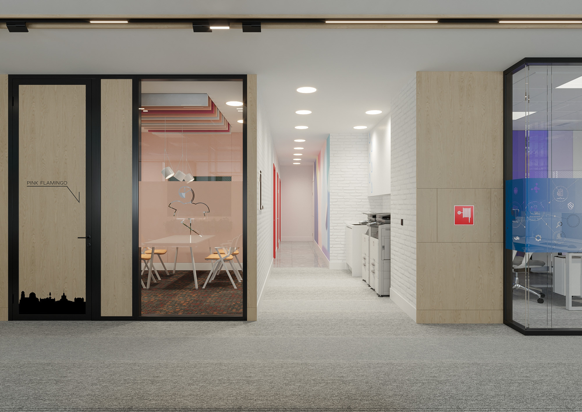 Office interior CGI visualization of Yotpo workplace by Visioaxis, 3D rendering for workplace design, office décor, workstations, meeting rooms, and 360° virtual tour.