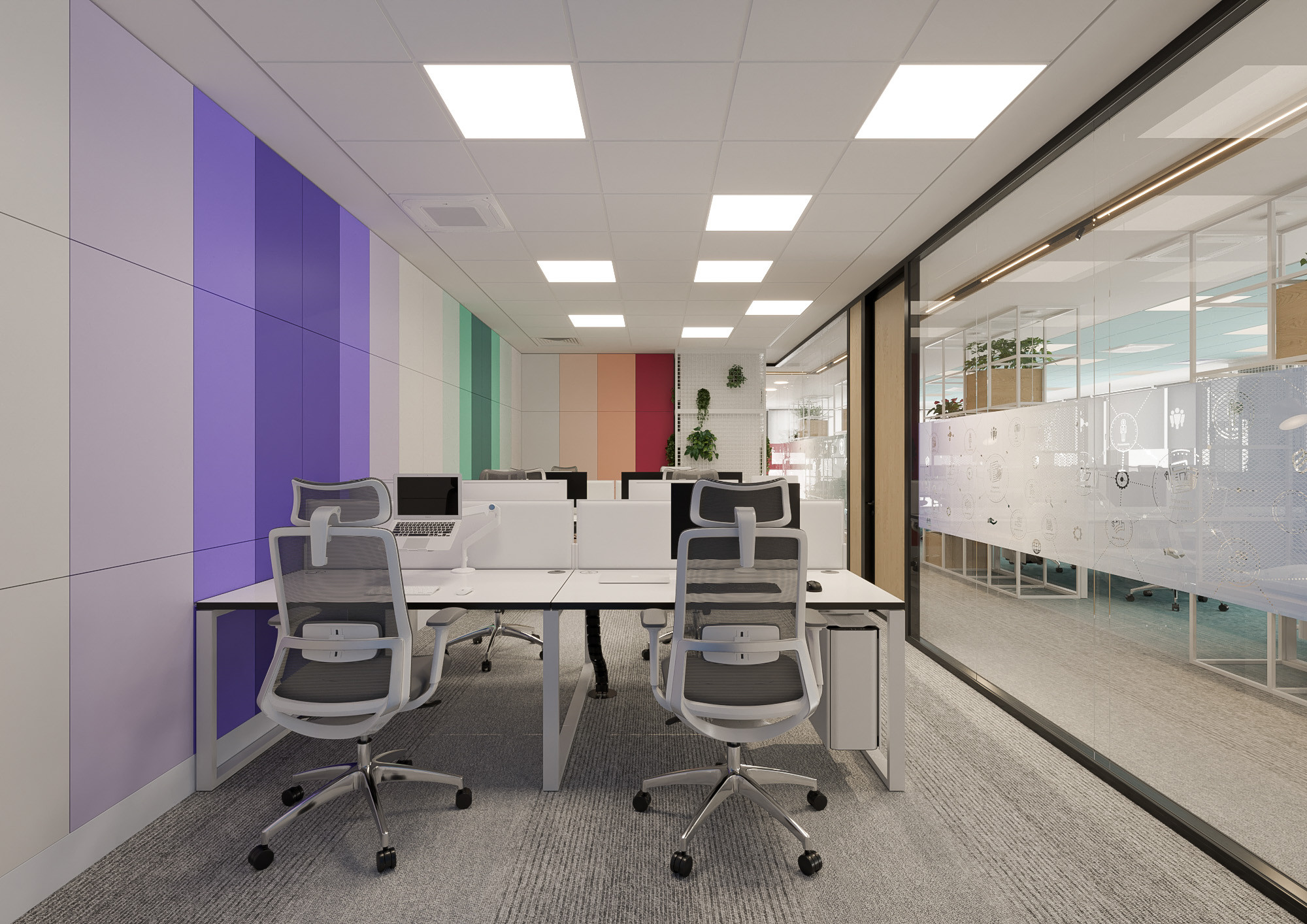 Office interior CGI visualization of Yotpo workplace by Visioaxis, 3D rendering for workplace design, office décor, workstations, meeting rooms, and 360° virtual tour.