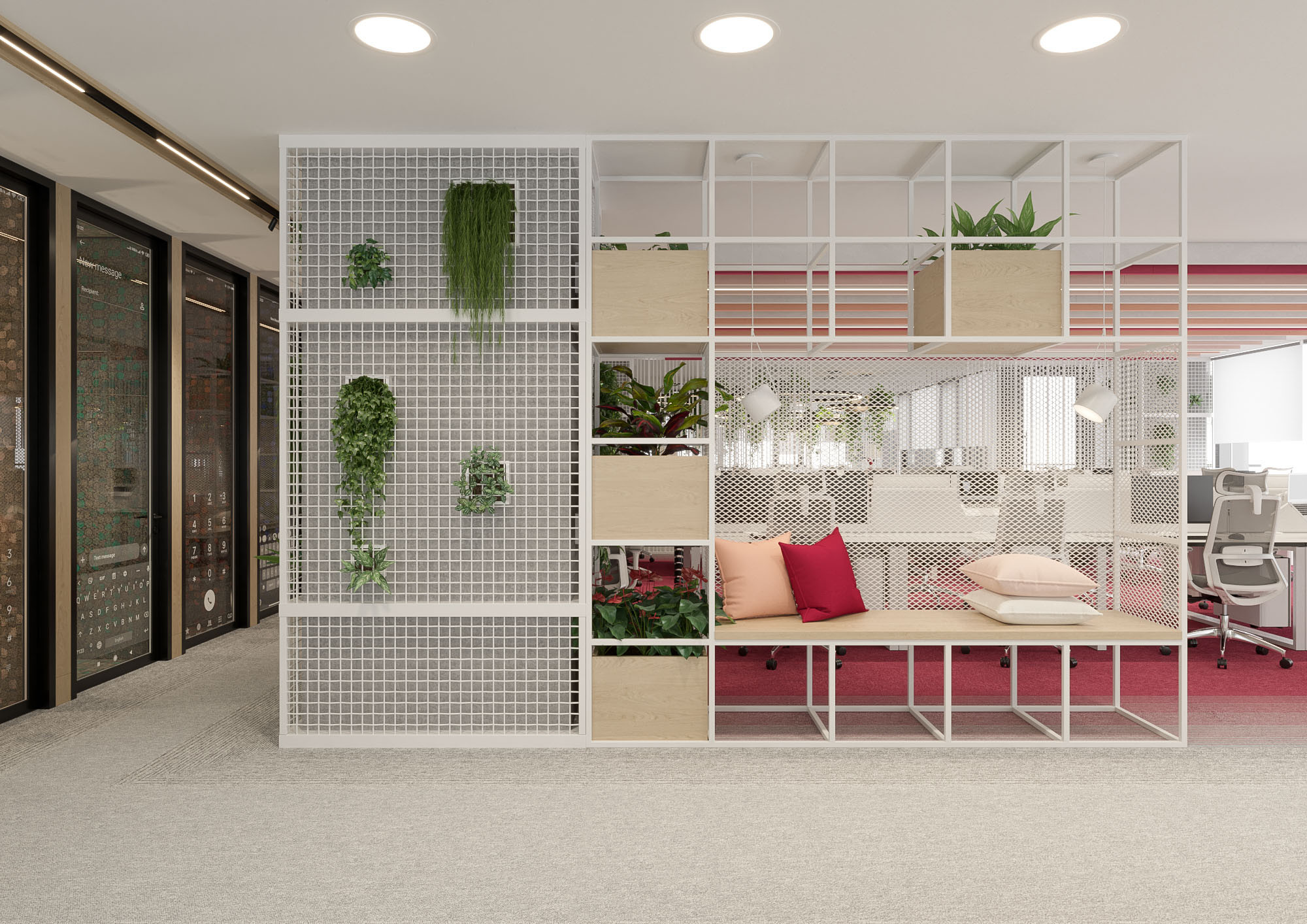 Office interior CGI visualization of Yotpo workplace by Visioaxis, 3D rendering for workplace design, office décor, workstations, meeting rooms, and 360° virtual tour.