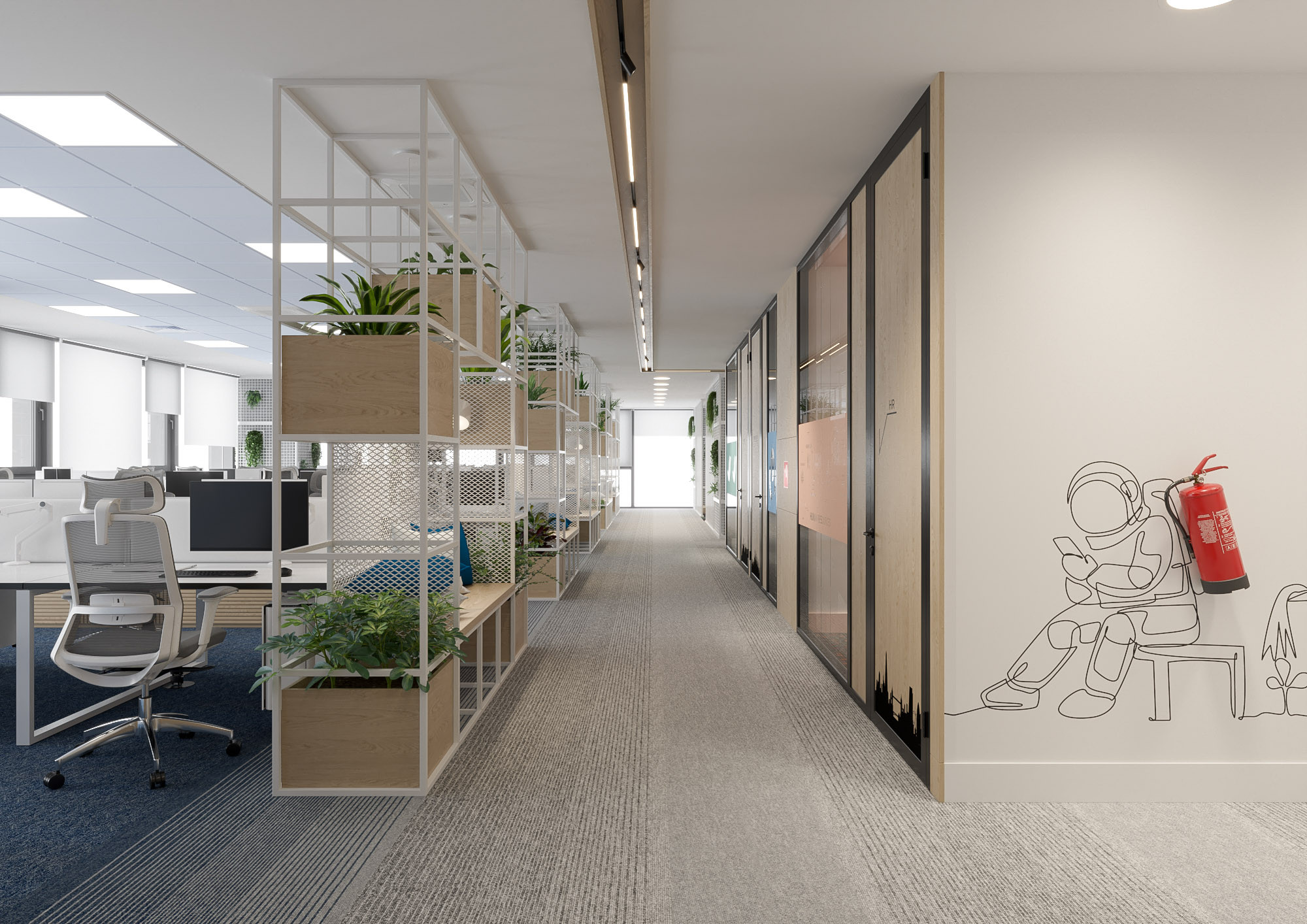 Office interior CGI visualization of Yotpo workplace by Visioaxis, 3D rendering for workplace design, office décor, workstations, meeting rooms, and 360° virtual tour.