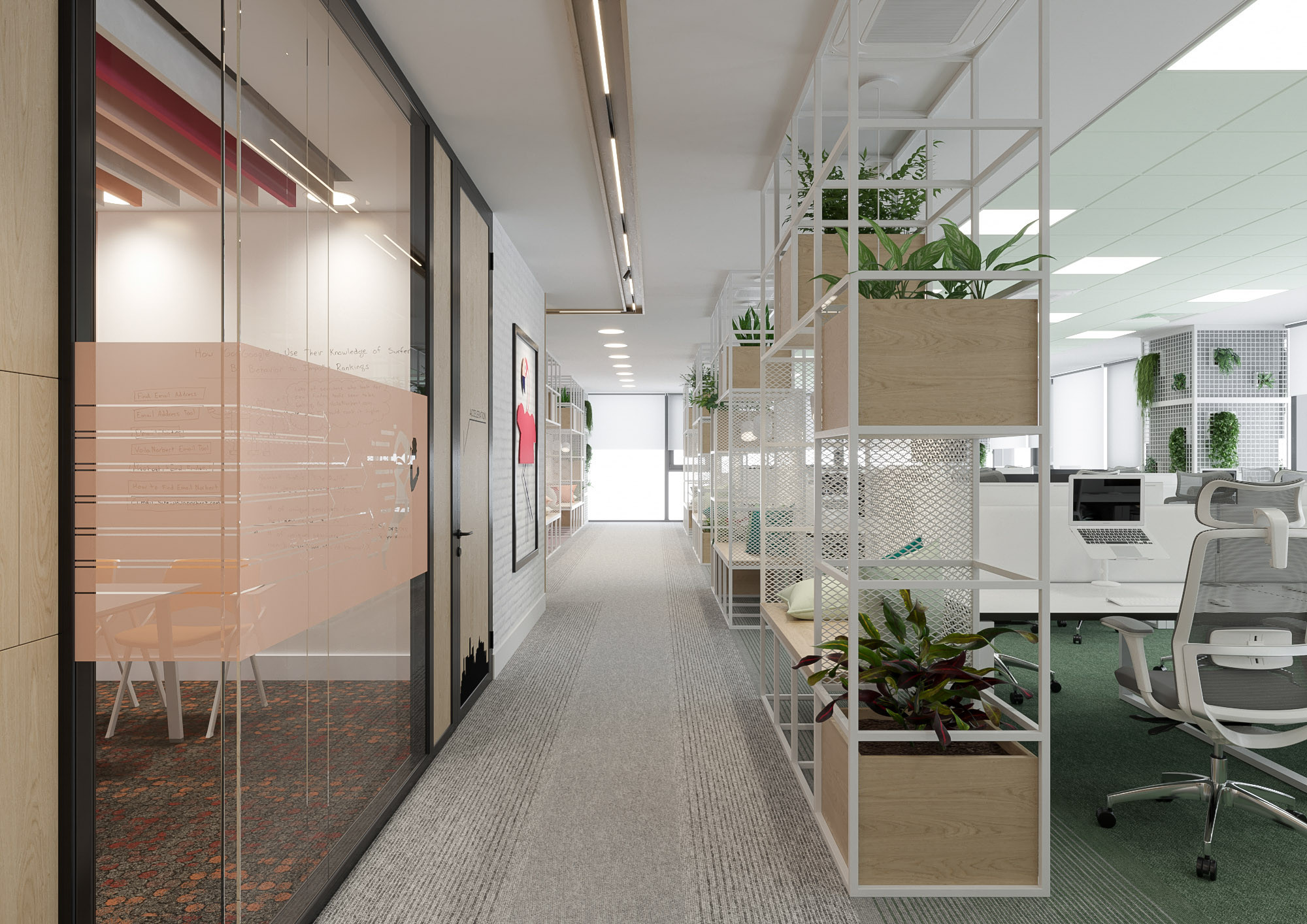 Office interior CGI visualization of Yotpo workplace by Visioaxis, 3D rendering for workplace design, office décor, workstations, meeting rooms, and 360° virtual tour.
