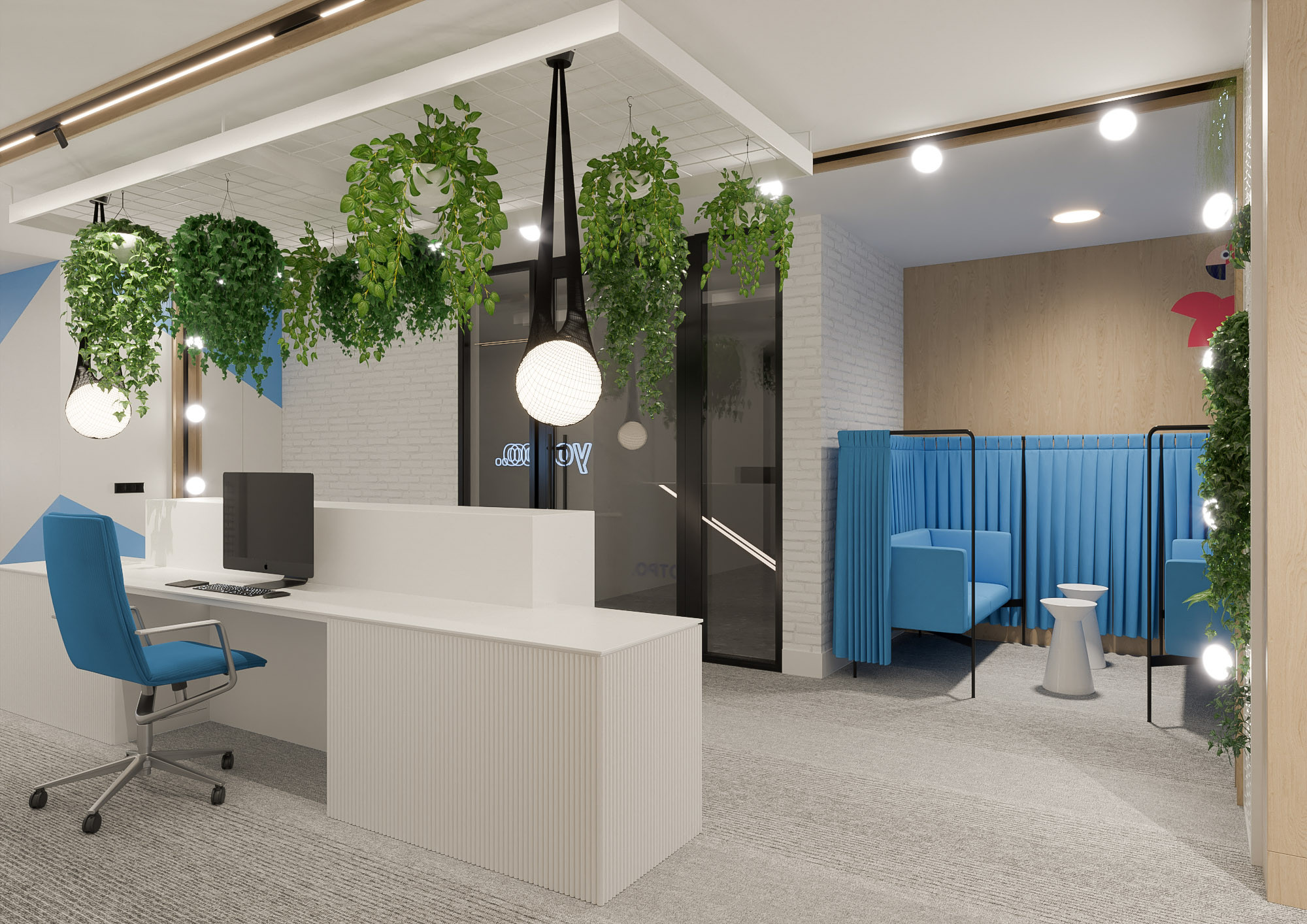 Office interior CGI visualization of Yotpo workplace by Visioaxis, 3D rendering for workplace design, office décor, workstations, meeting rooms, and 360° virtual tour.