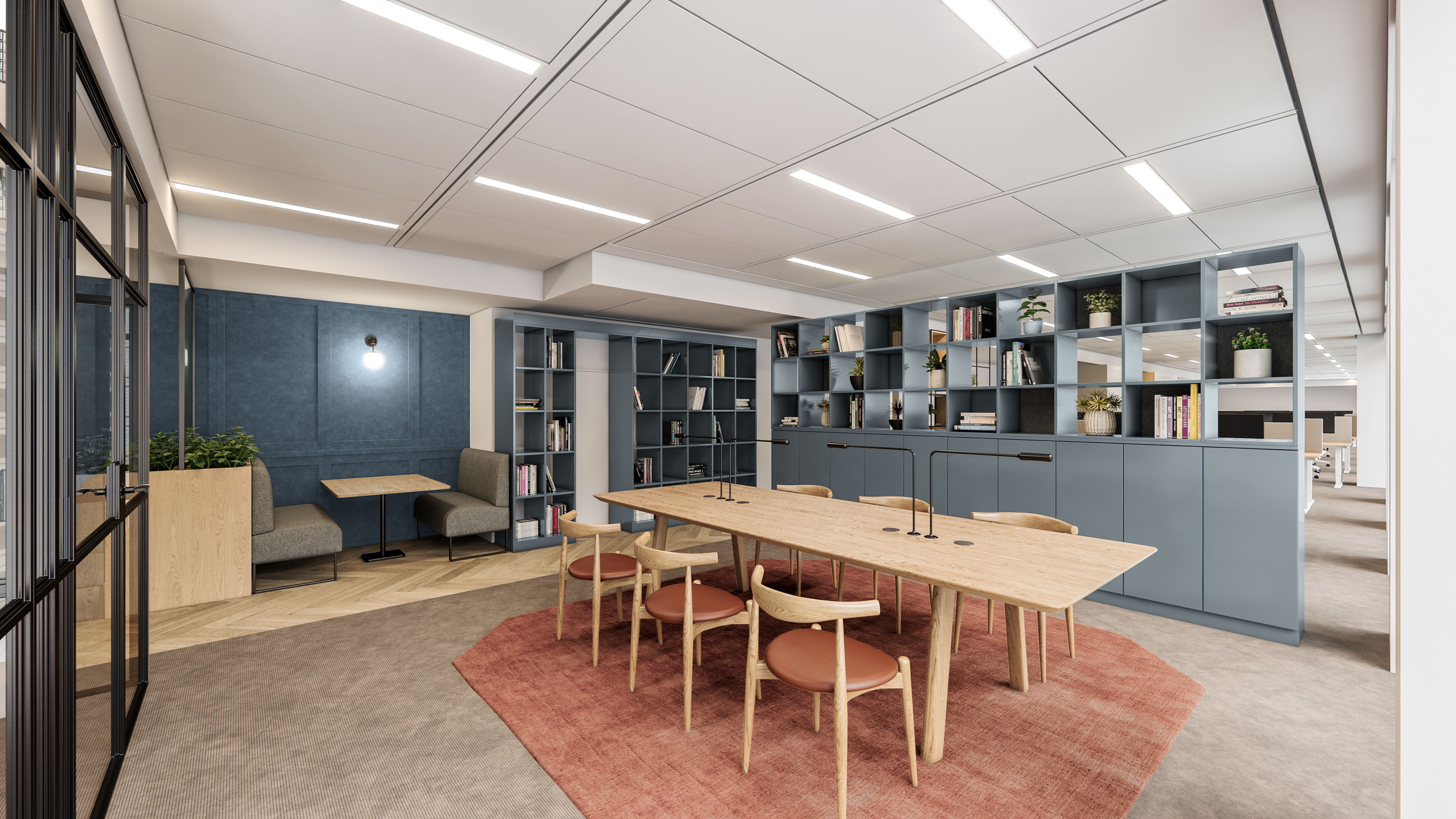 Library Space: Quiet library area with warm wood furniture, muted tones, and integrated shelving for focused work.