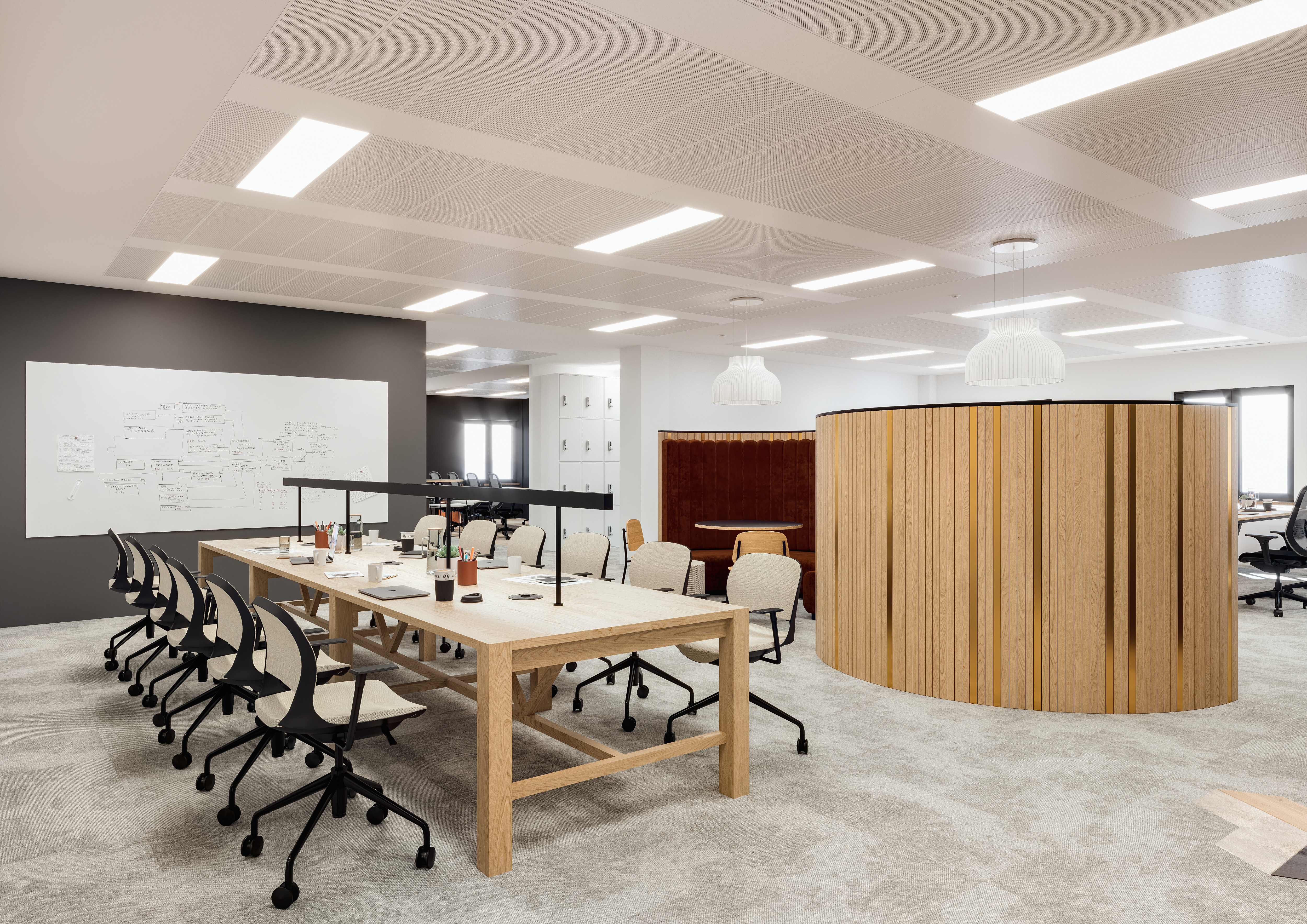 Open office space seamlessly integrating private meeting pods, collaborative workstations, and elegant design elements for a dynamic and productive work environment.