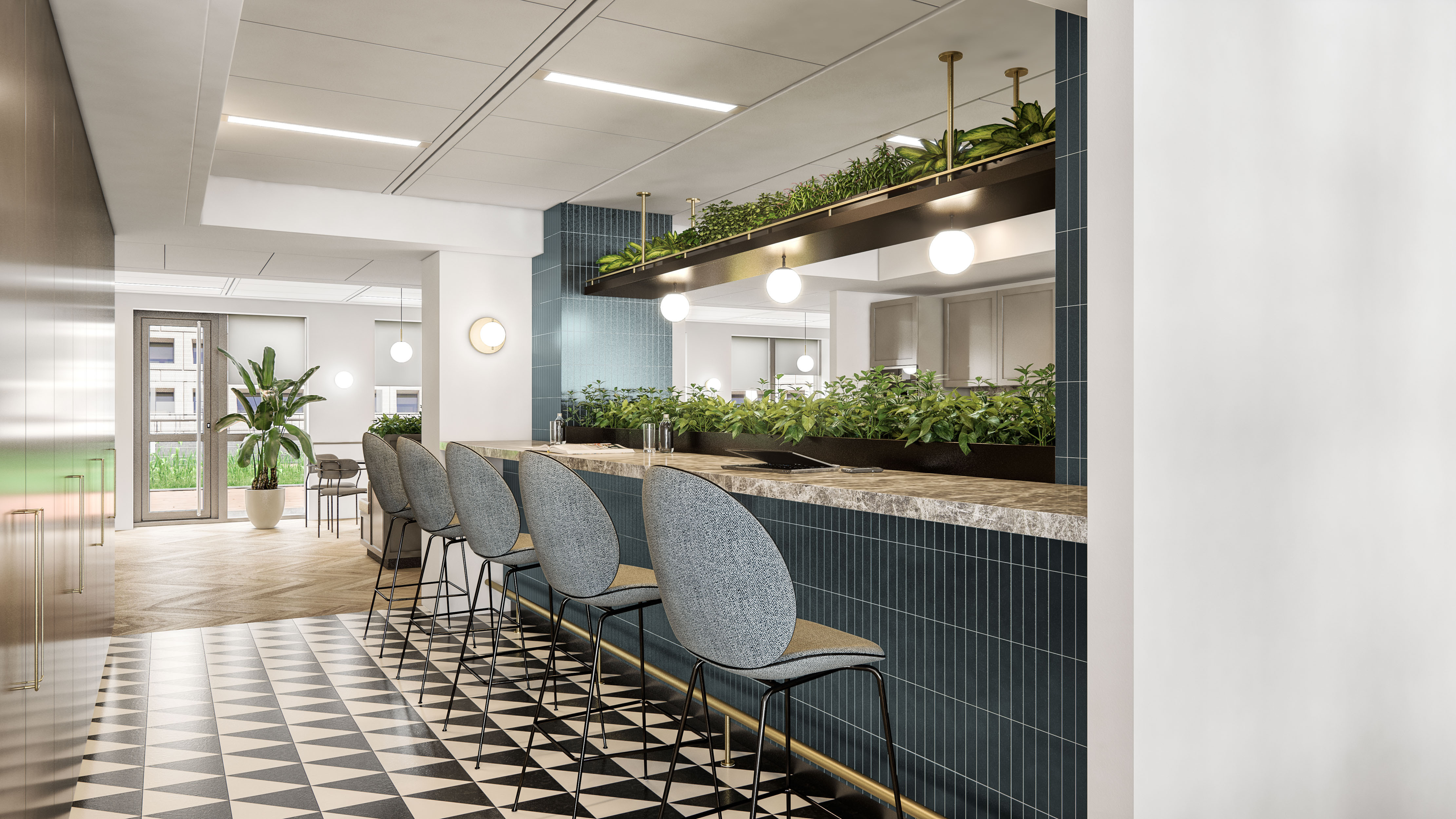 Bar Area: Sleek bar setup featuring blue tile accents, pendant lighting, and integrated greenery for a contemporary workplace vibe.