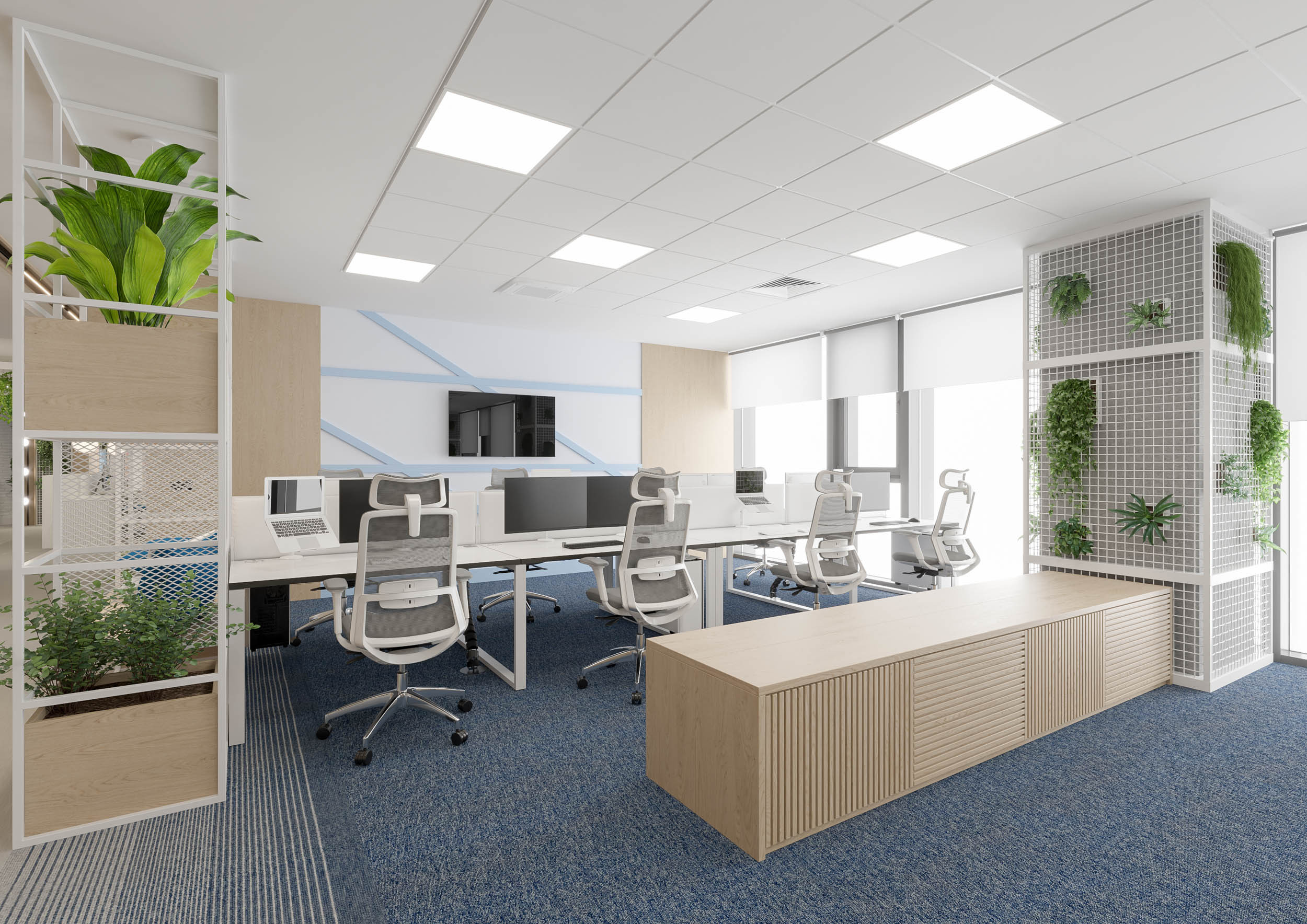 Office interior CGI visualization of Yotpo workplace by Visioaxis, 3D rendering for workplace design, office décor, workstations, meeting rooms, and 360° virtual tour.