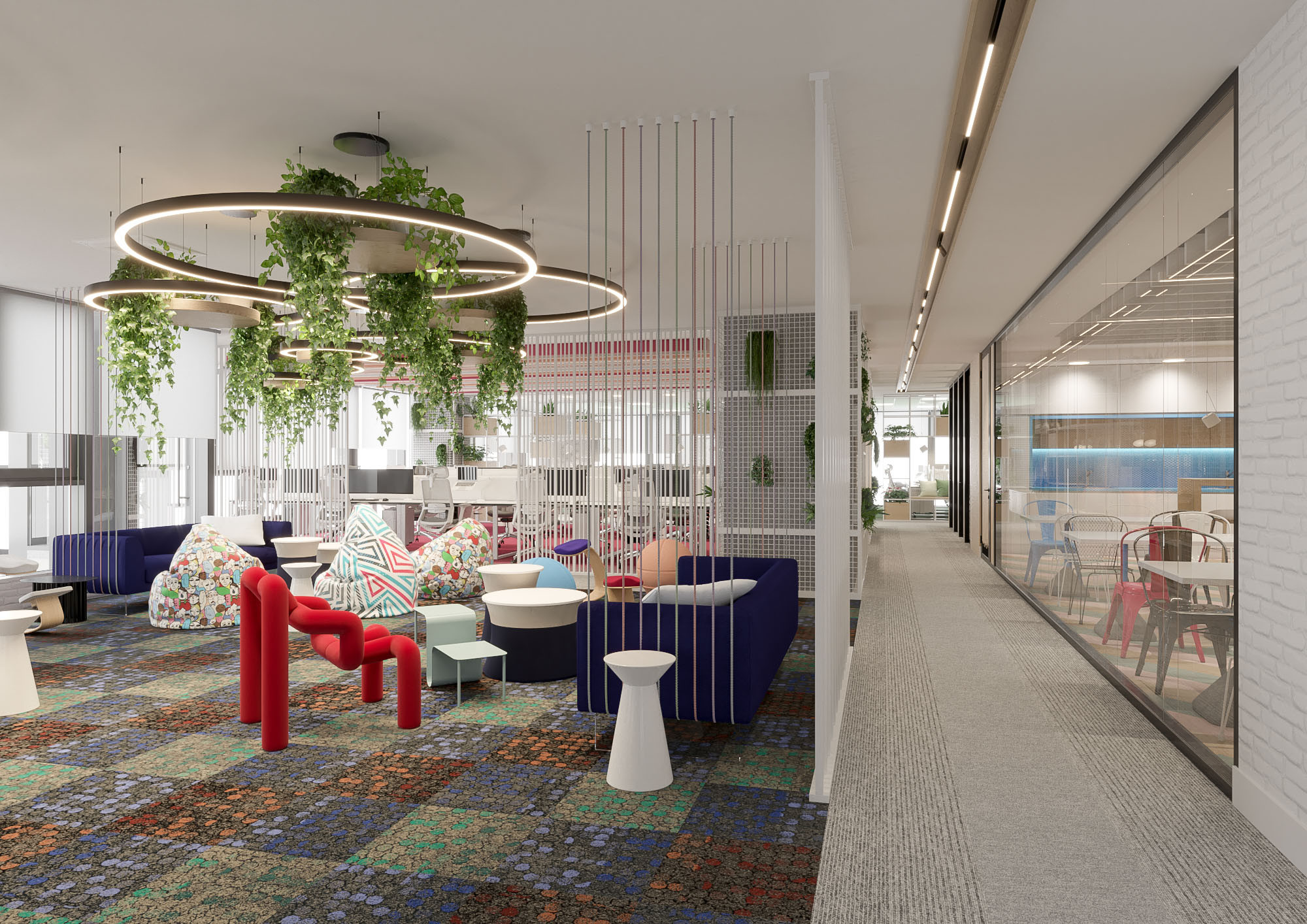 Office interior CGI visualization of Yotpo workplace by Visioaxis, 3D rendering for workplace design, office décor, workstations, meeting rooms, and 360° virtual tour.