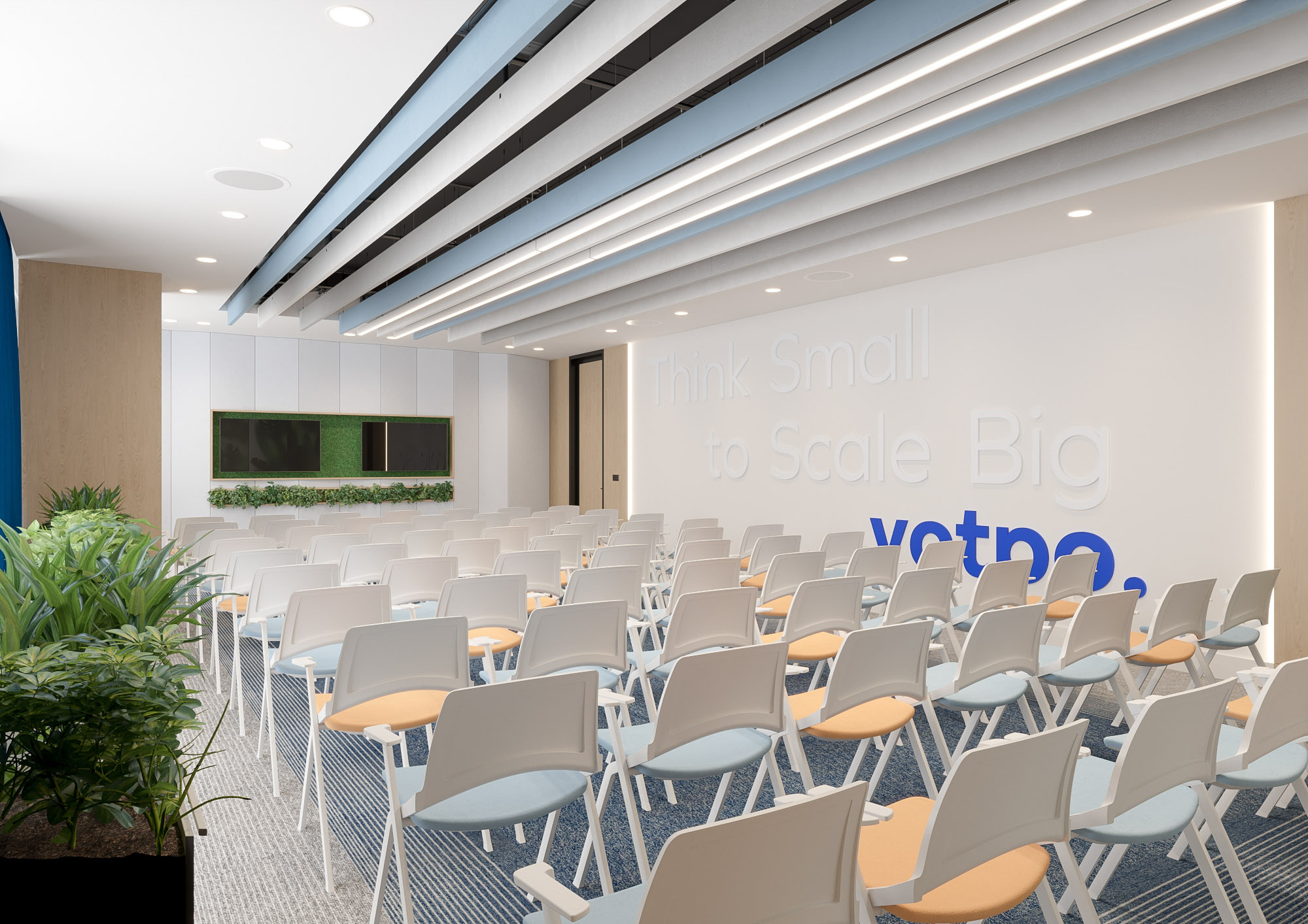 Office interior CGI visualization of Yotpo workplace by Visioaxis, 3D rendering for workplace design, office décor, workstations, meeting rooms, and 360° virtual tour.
