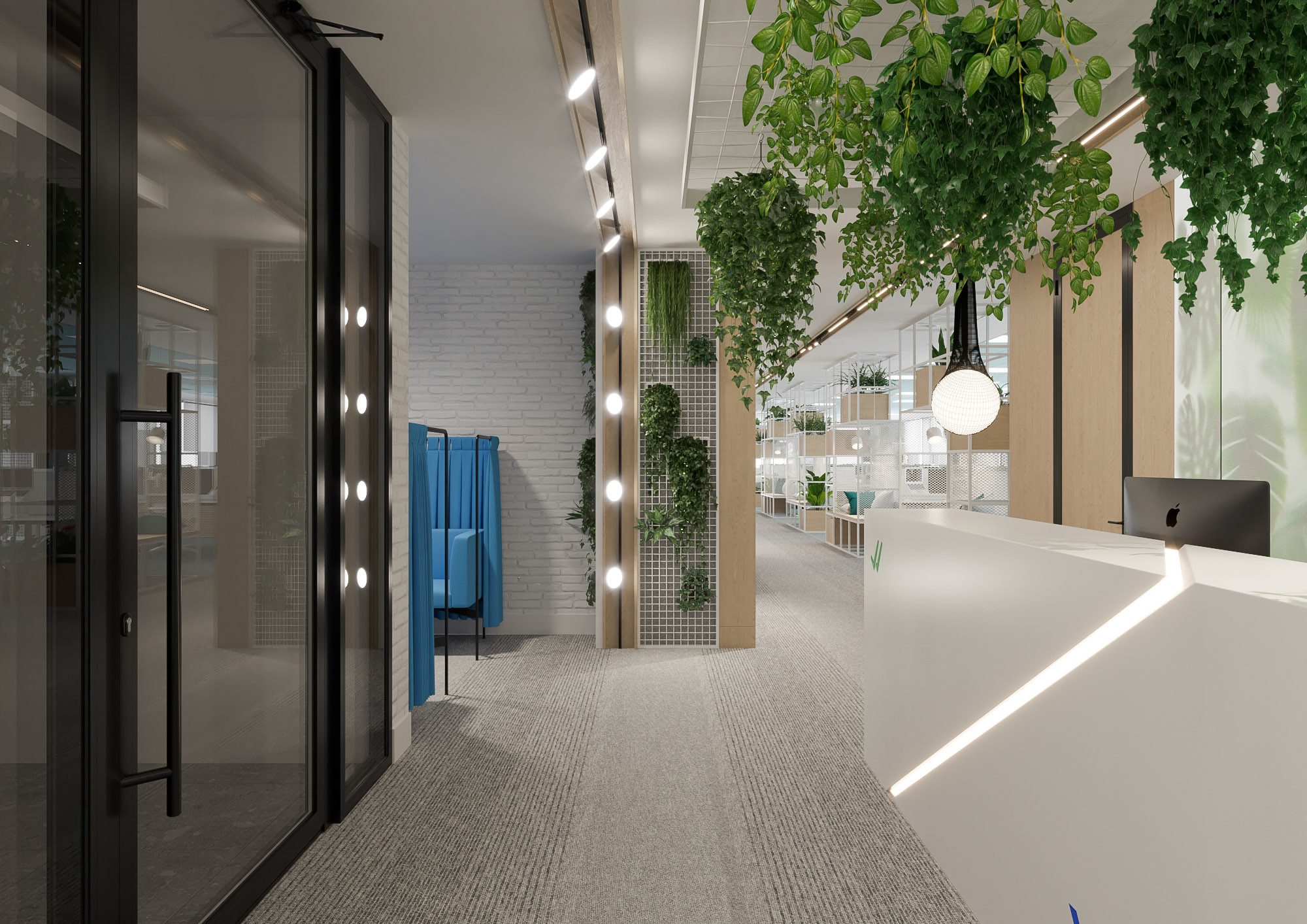 Office interior CGI visualization of Yotpo workplace by Visioaxis, 3D rendering for workplace design, office décor, workstations, meeting rooms, and 360° virtual tour.