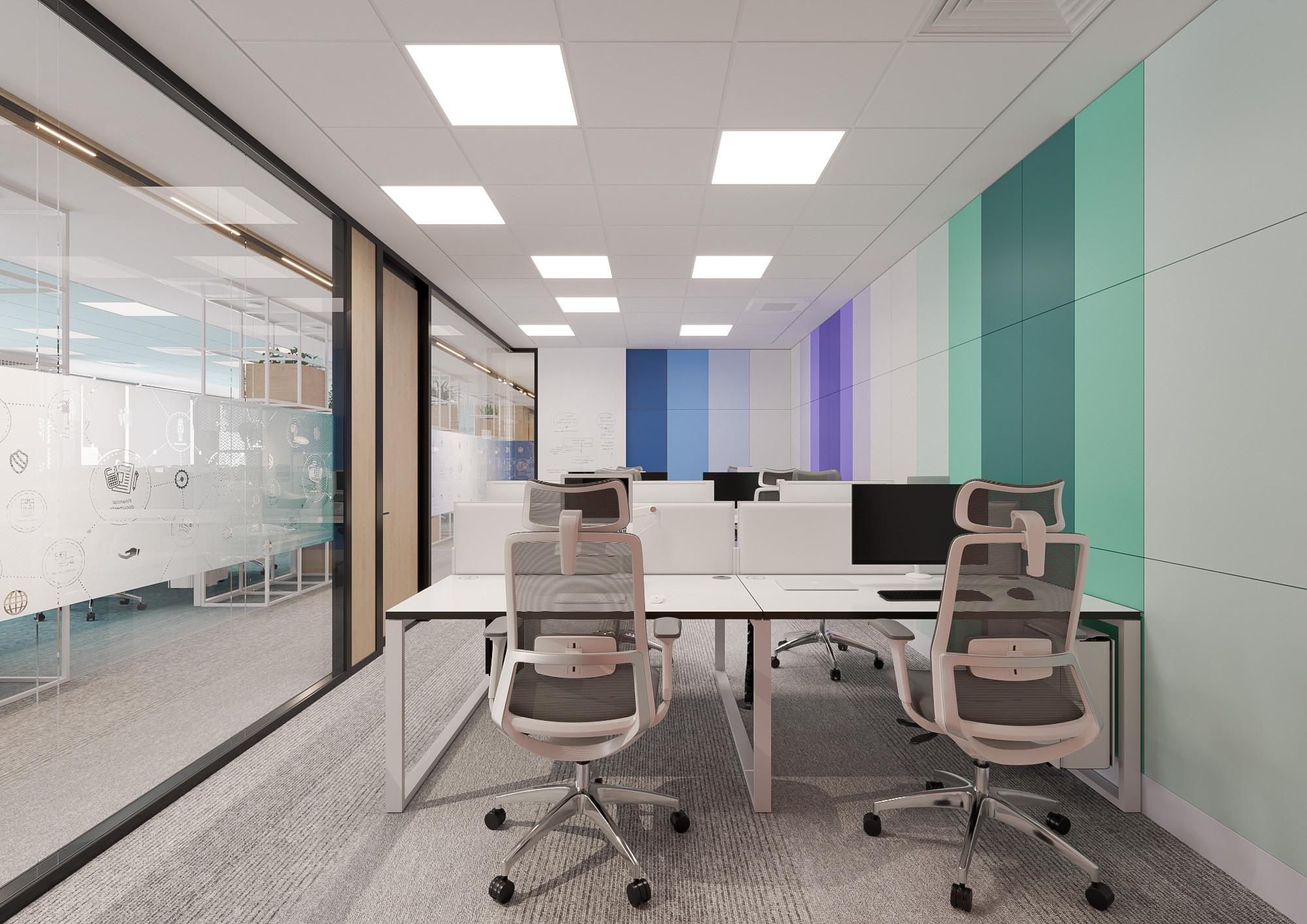 Office interior CGI visualization of Yotpo workplace by Visioaxis, 3D rendering for workplace design, office décor, workstations, meeting rooms, and 360° virtual tour.