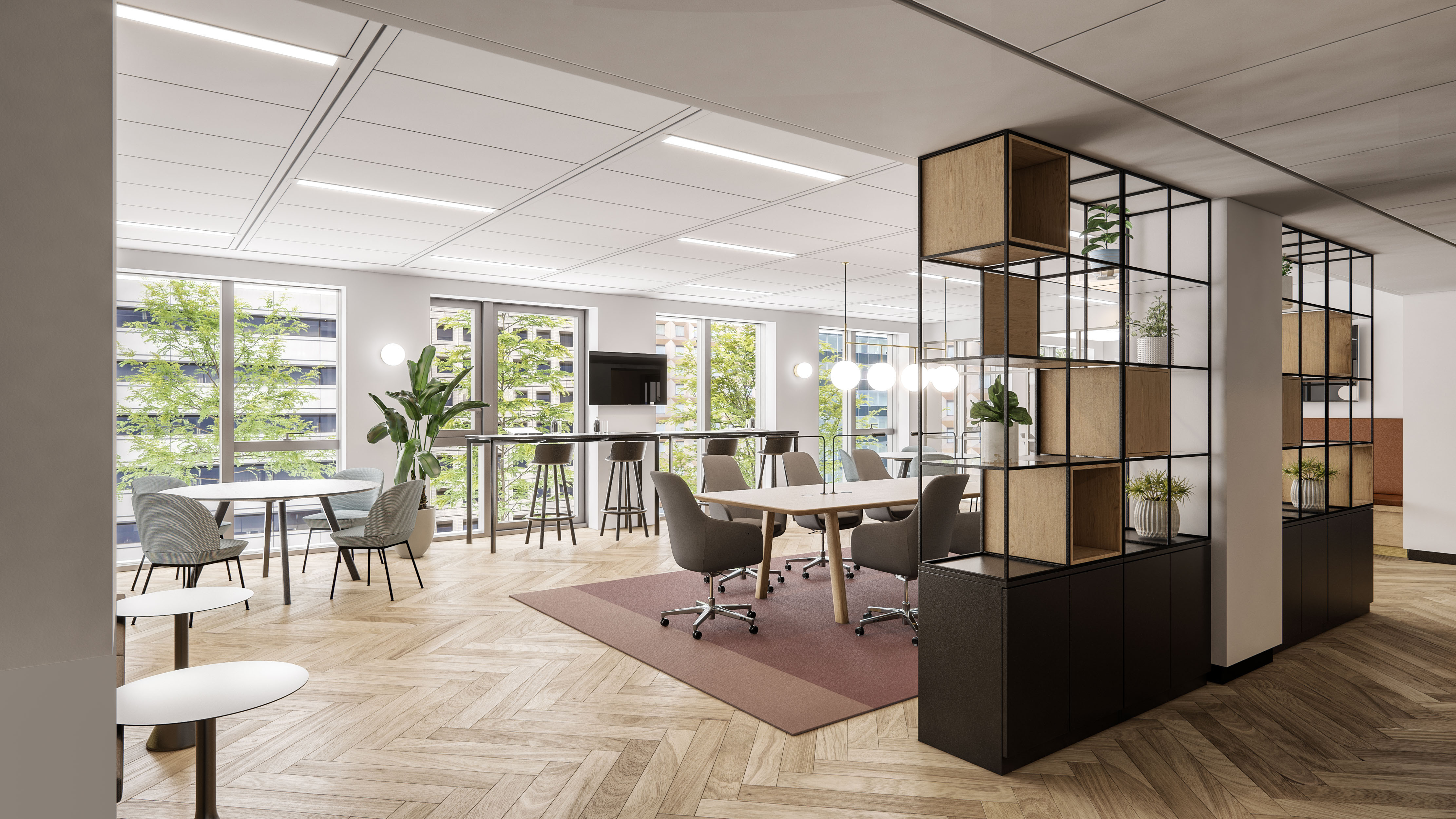 Collaboration Zone: Versatile collaboration space with modern furnishings, custom shelving, and expansive greenery views