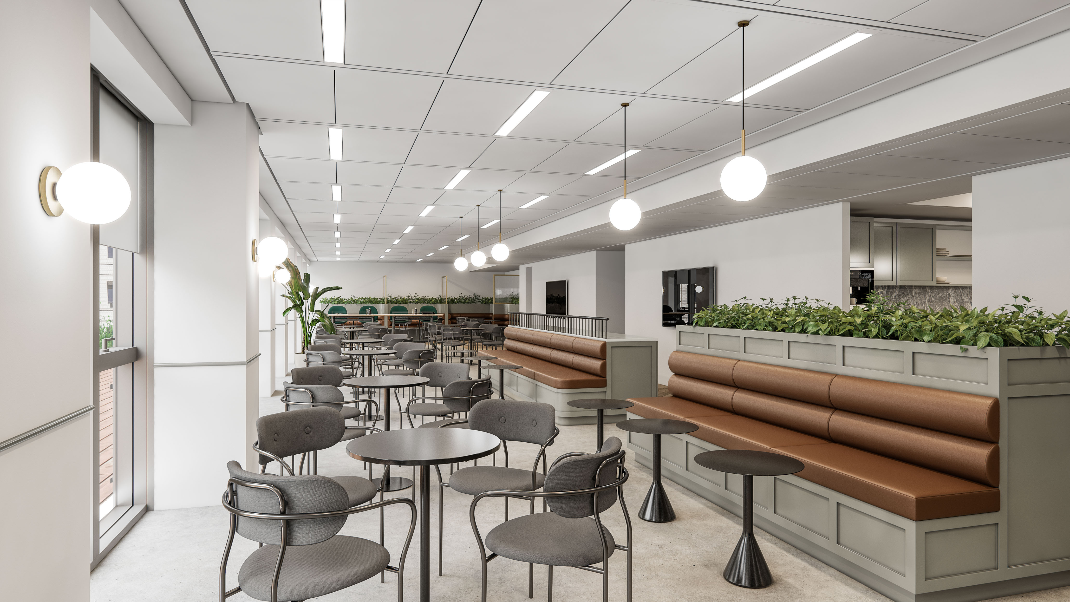 Cafeteria Seating: Open cafeteria layout with modular seating, earthy tones, and abundant natural light.