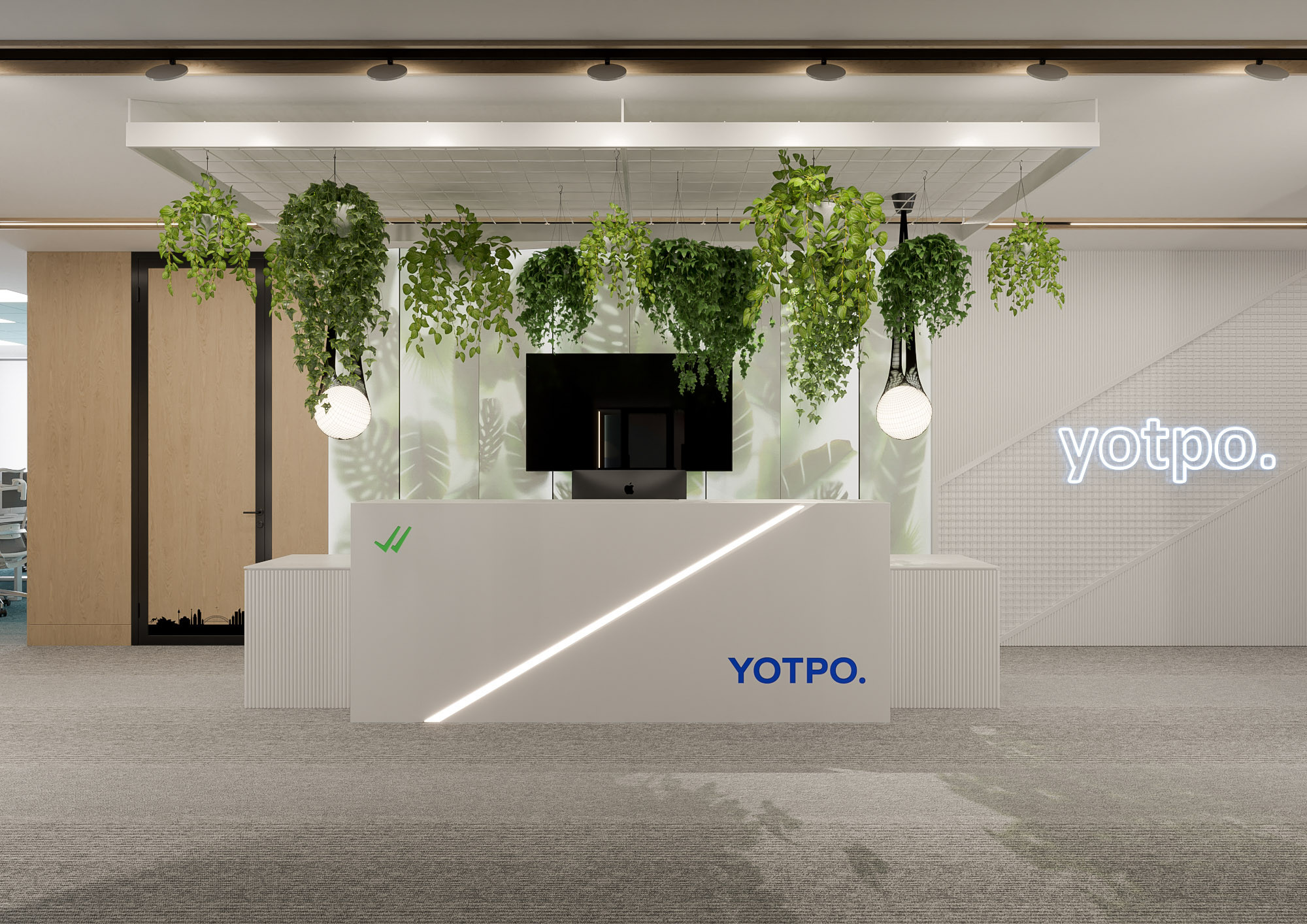 Office interior CGI visualization of Yotpo workplace by Visioaxis, 3D rendering for workplace design, office décor, workstations, meeting rooms, and 360° virtual tour.