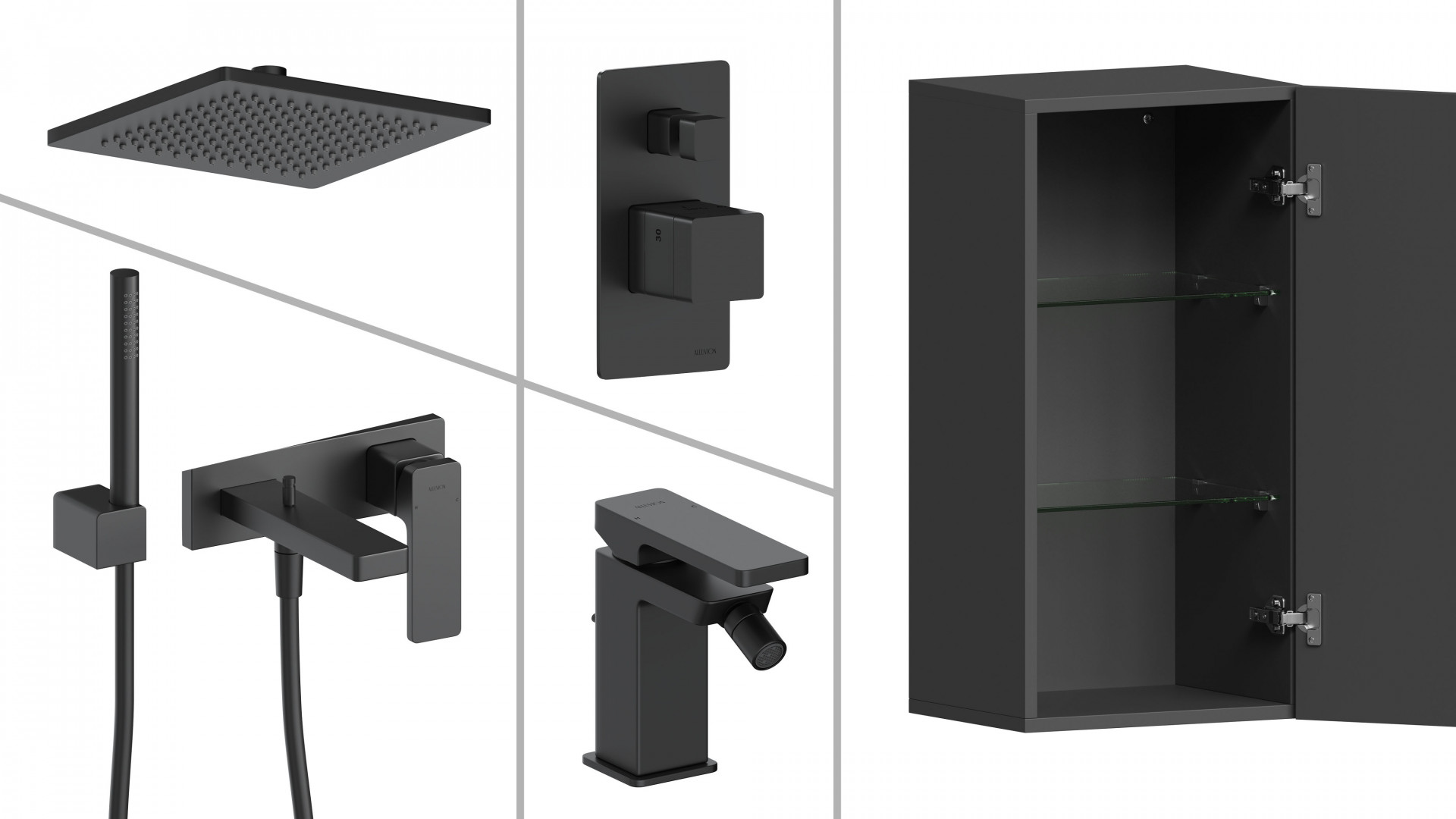 cgi of matte black bathroom accessories shower tap highboard