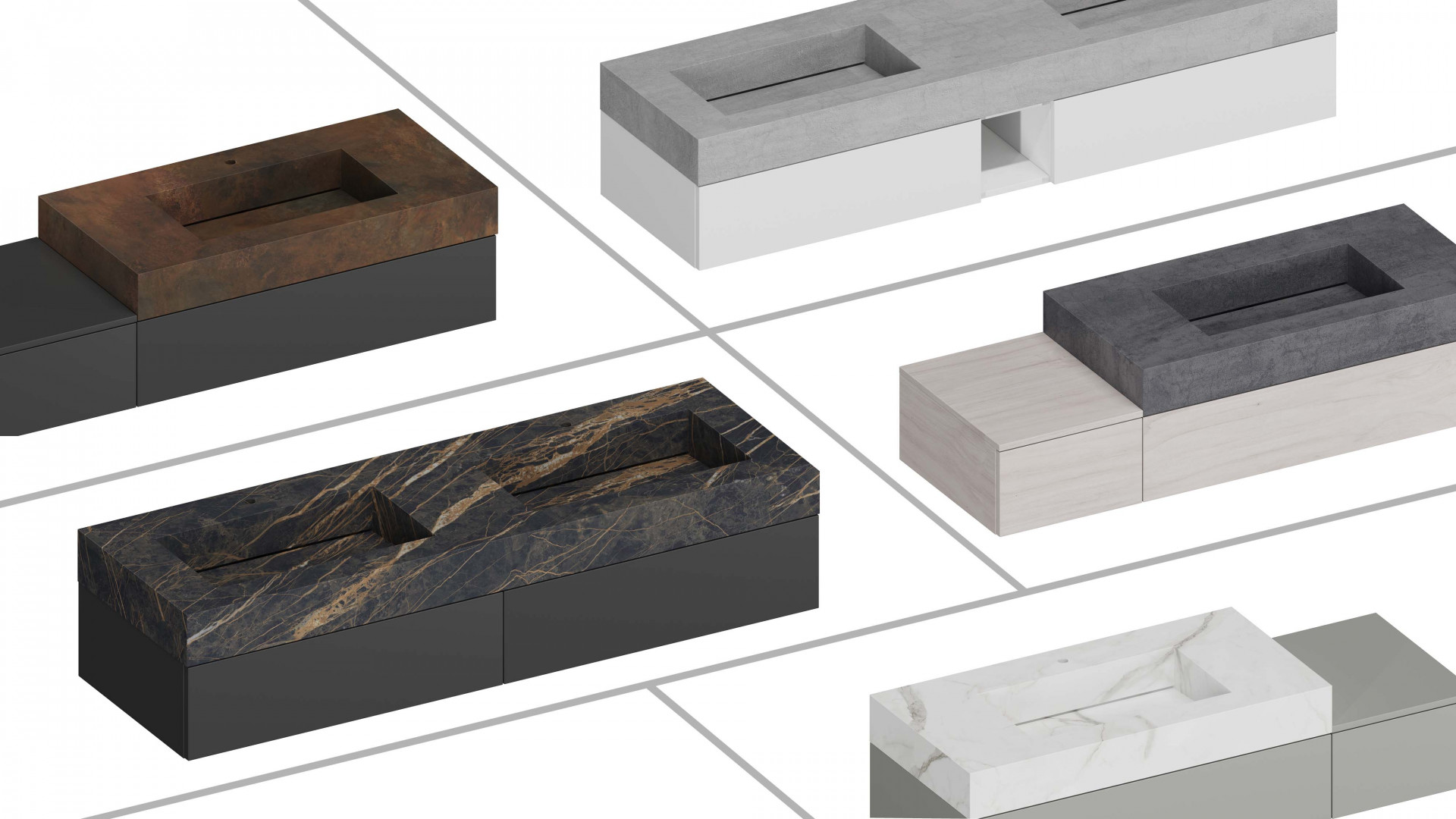 cgi 3D render visualisations cut-out marble bathroom sinks with wooden sideboards