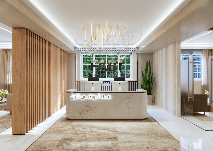 Reception area with marble desk and chandelier in bank workspace CGI