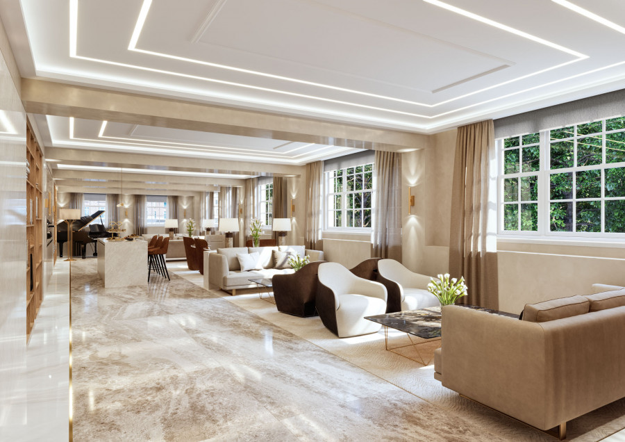 Open lounge with modern seating and linear ceiling lighting in 3D render