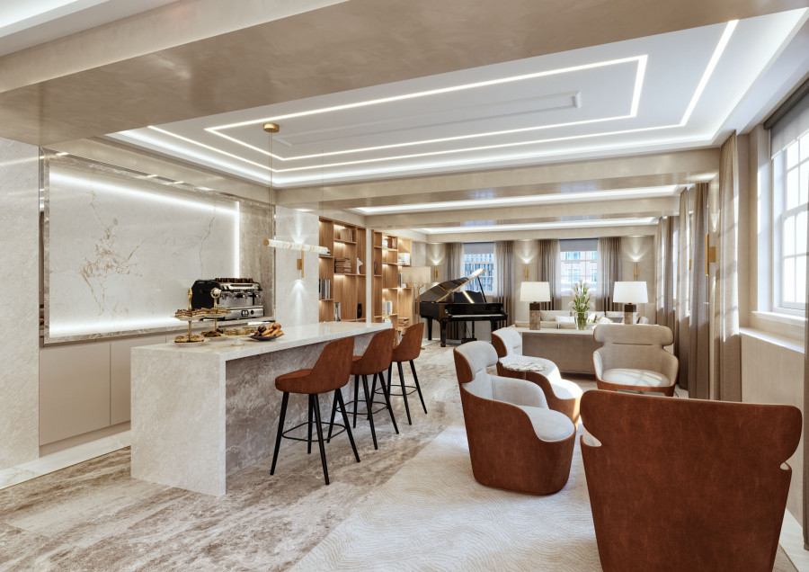 Elegant meeting space with marble table and leather chairs in CGI