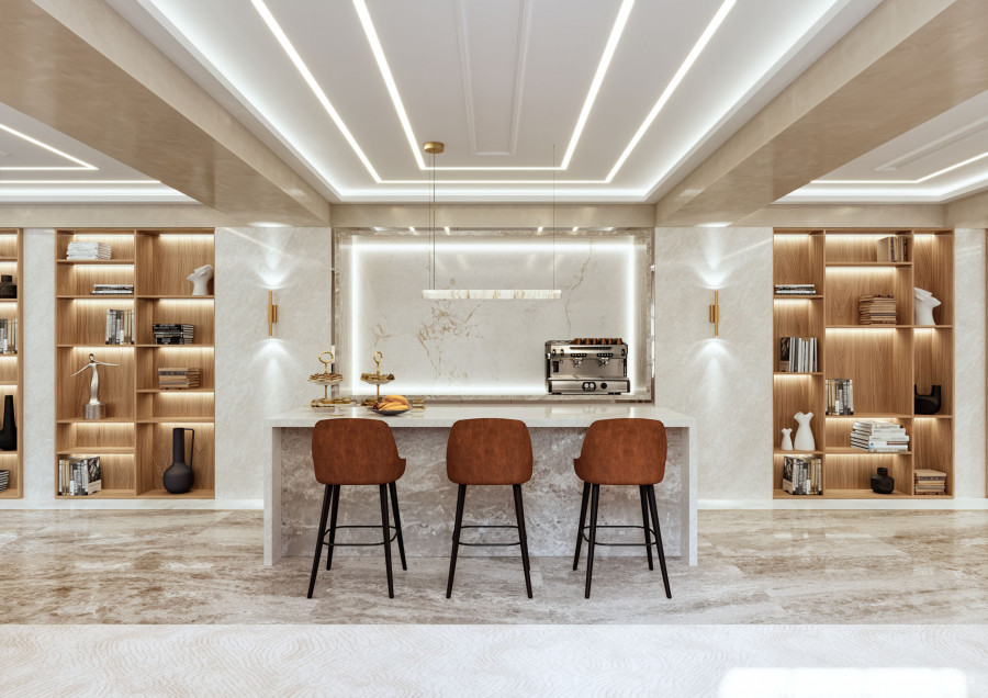 Coffee counter with bar stools and illuminated shelving in 3D visualization