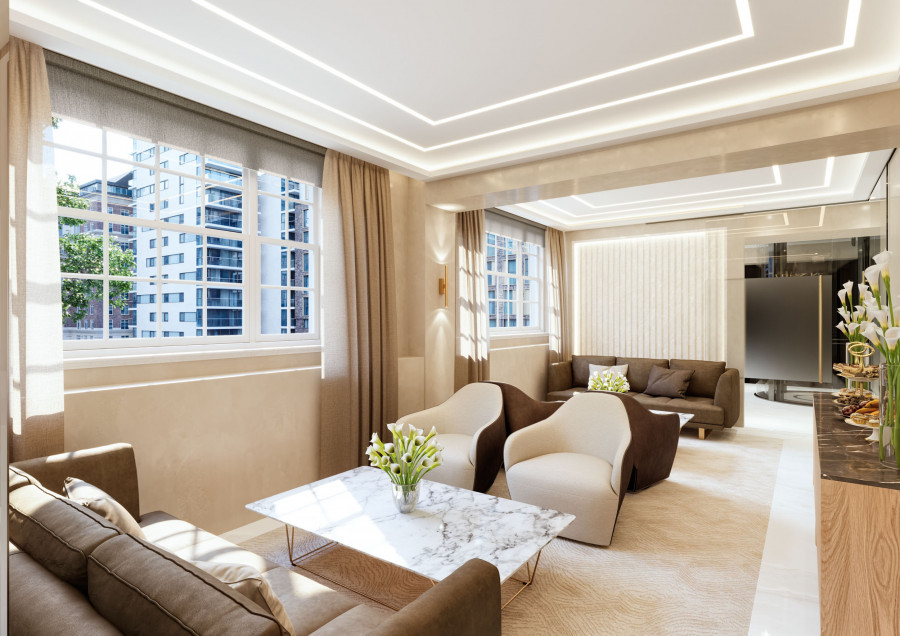 Lounge seating with natural light and warm neutral tones in CGI