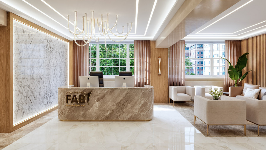 Bank reception with marble textures and chandelier in 3D visualization