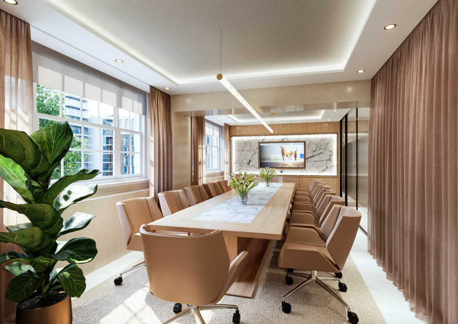 Boardroom with large wooden table, greenery, and ceiling lights in CGI