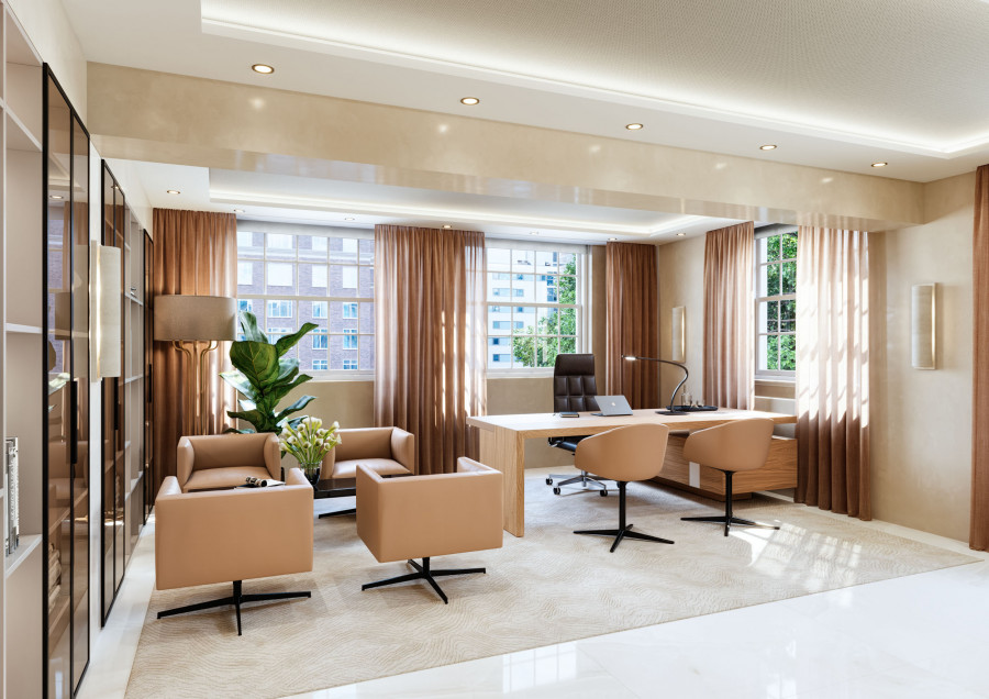 Private office with glass partitions and contemporary seating in 3D render