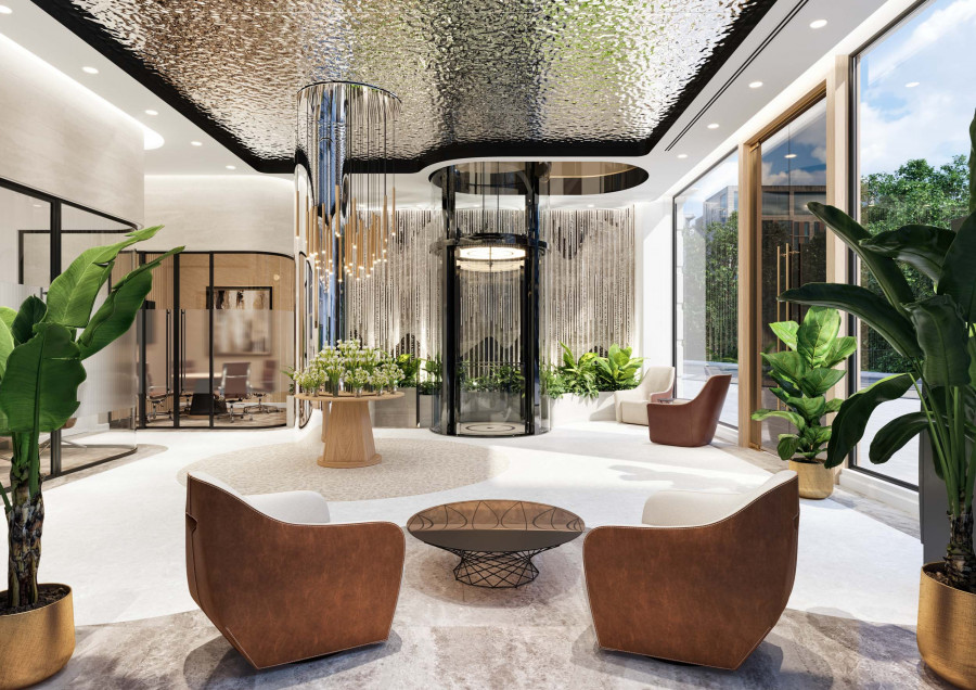 Lobby seating area with glass elevator, greenery, and textured ceiling in CGI