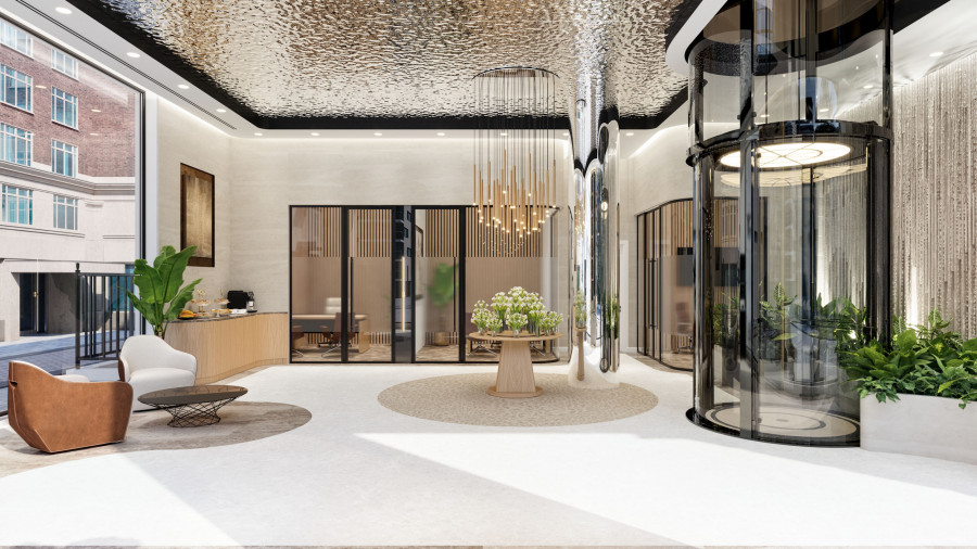 Modern corporate lobby with chandelier, glass partitions, and circular lift in 3D visualization
