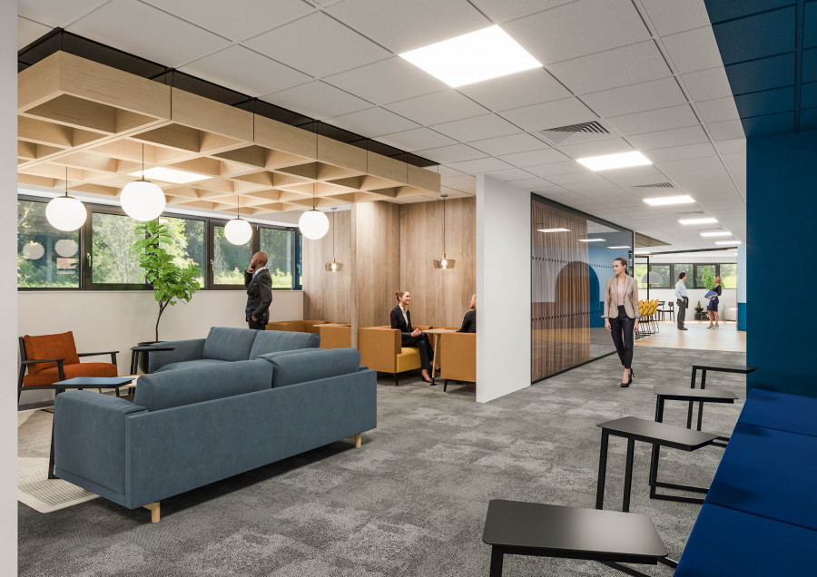 3D visualization of an open-plan office lounge with soft seating, timber ceiling feature, and natural daylight, illustrating breakout areas in workplace design.