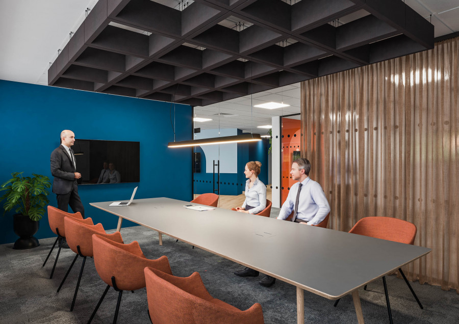 Interior design CGI of a contemporary meeting room with long conference table, wood slat partition, and geometric ceiling detail for collaborative environments.