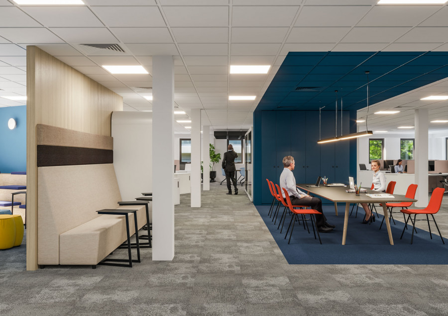 Office interior visualization showing corridor seating niches and transition into a collaborative workspace, highlighting spatial flow and material contrast.