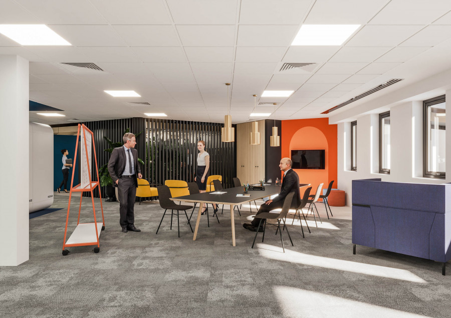 3D render of a flexible office area with movable whiteboard, mixed seating, and open layout designed for team collaboration and agile working.