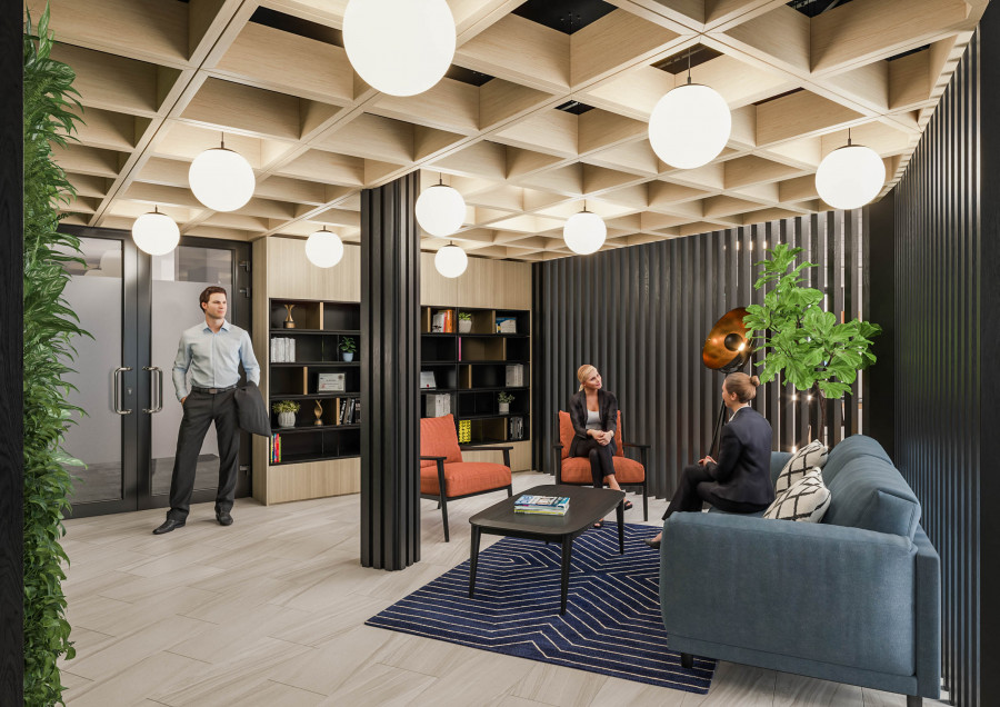 Workplace interior CGI of a lounge space with timber ceiling grid, pendant lighting, and integrated shelving, designed for informal meetings.